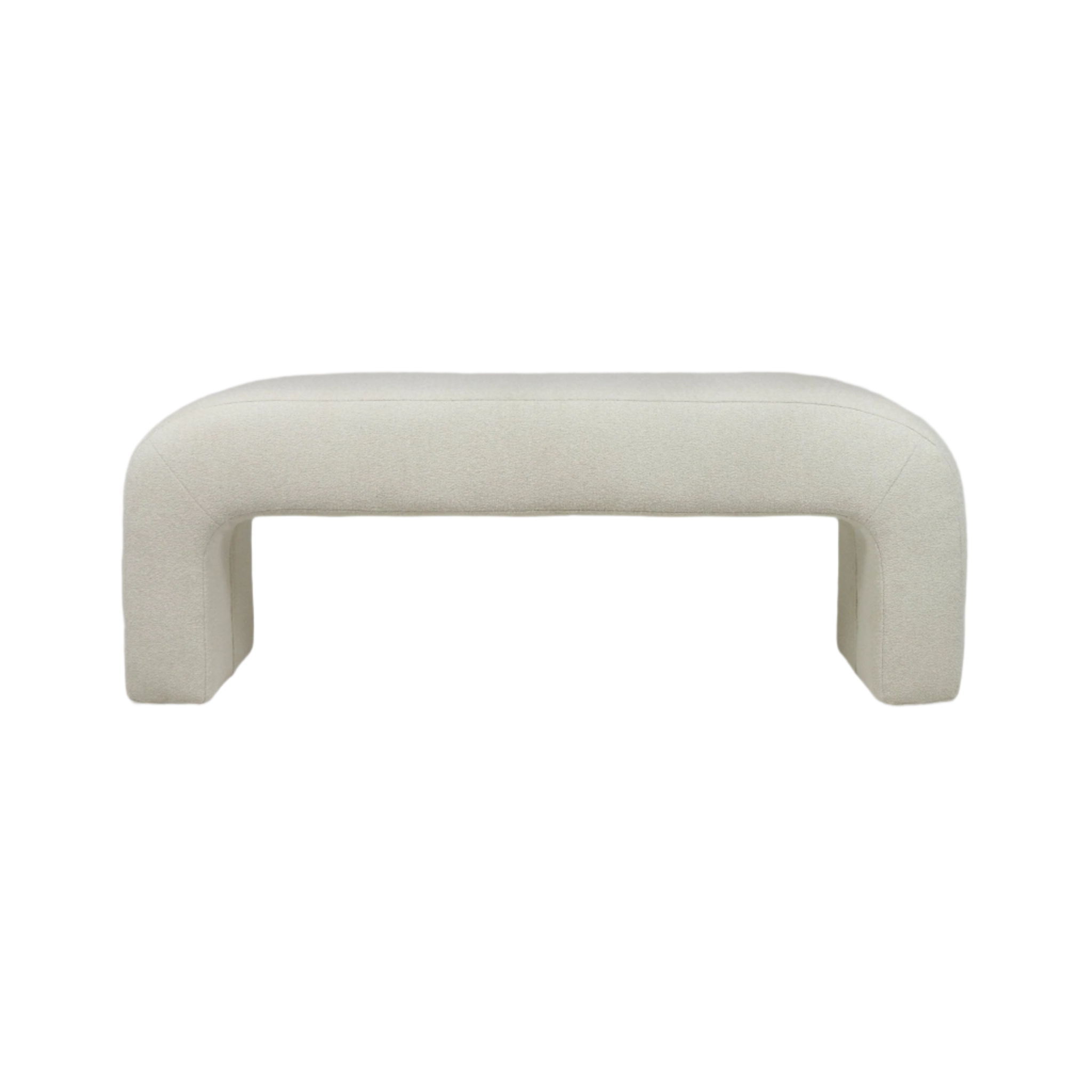 Front view of a 59-inch backless, armless end-of-bed bench upholstered in cream boucle fabric over a wooden frame, with rounded U-shaped legs and a minimalist contemporary coastal silhouette on a white background.