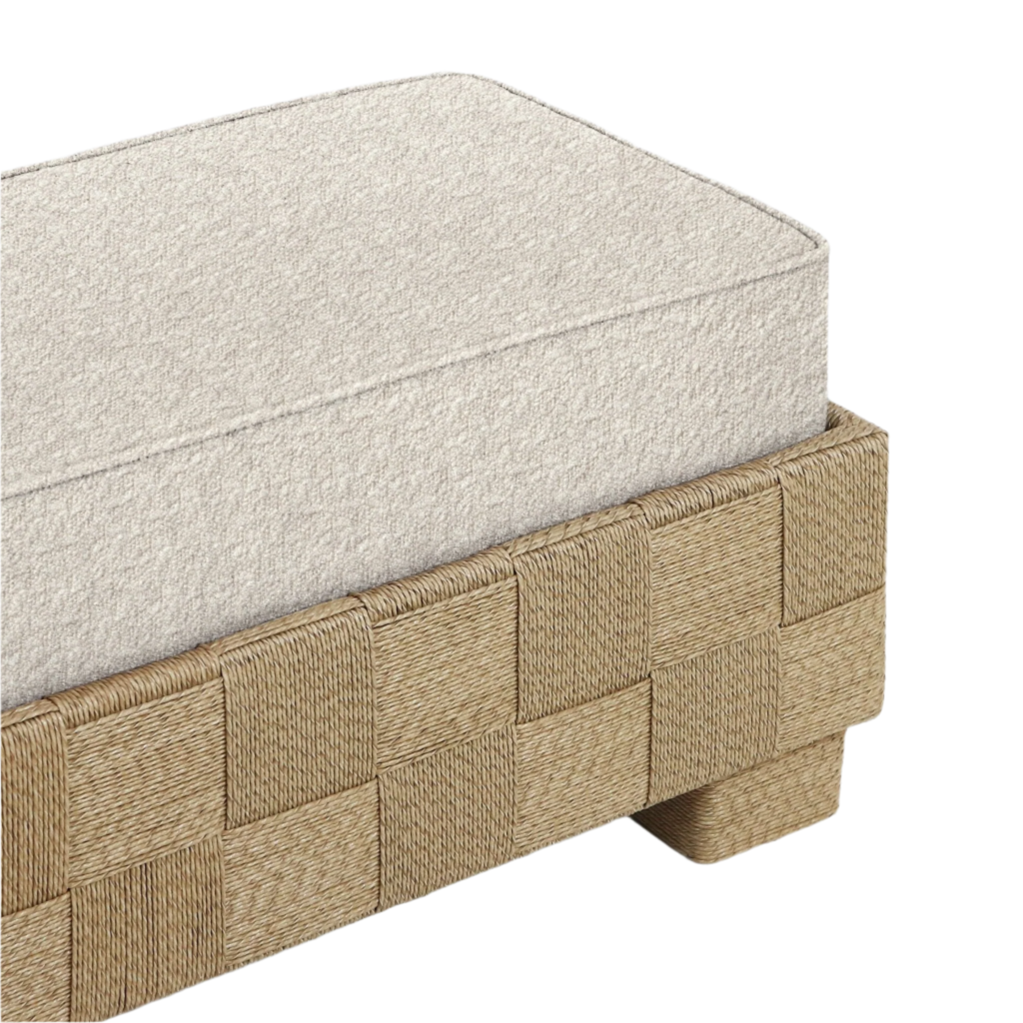 Close-up of a beige boucle upholstered bench cushion resting on a woven natural seagrass-look wooden base with checkerboard weave and a short square leg.