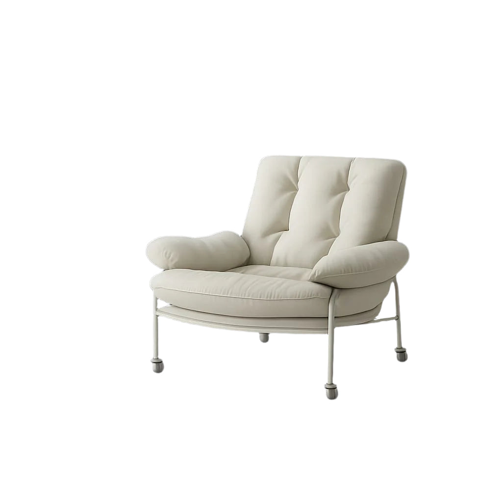 Modern cream leather lounge chair with tufted padded back, plush rounded arm cushions and a slender steel frame with chrome-finish legs and capped feet.