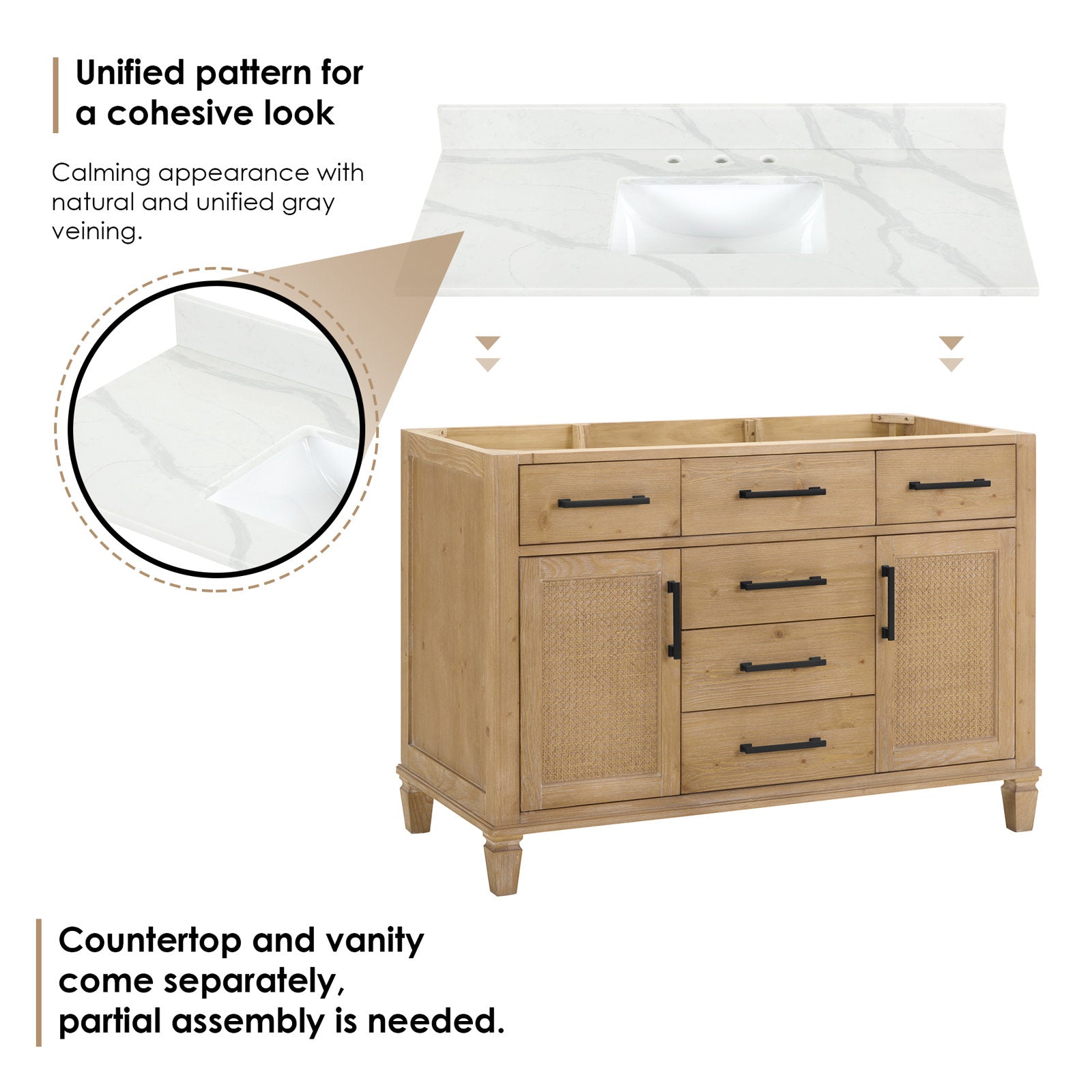 48-inch weathered fir single-sink vanity with cane-front doors, black bar handles and stacked center drawers, shown with the separate Calacatta white quartz countertop and integrated white sink floating above.