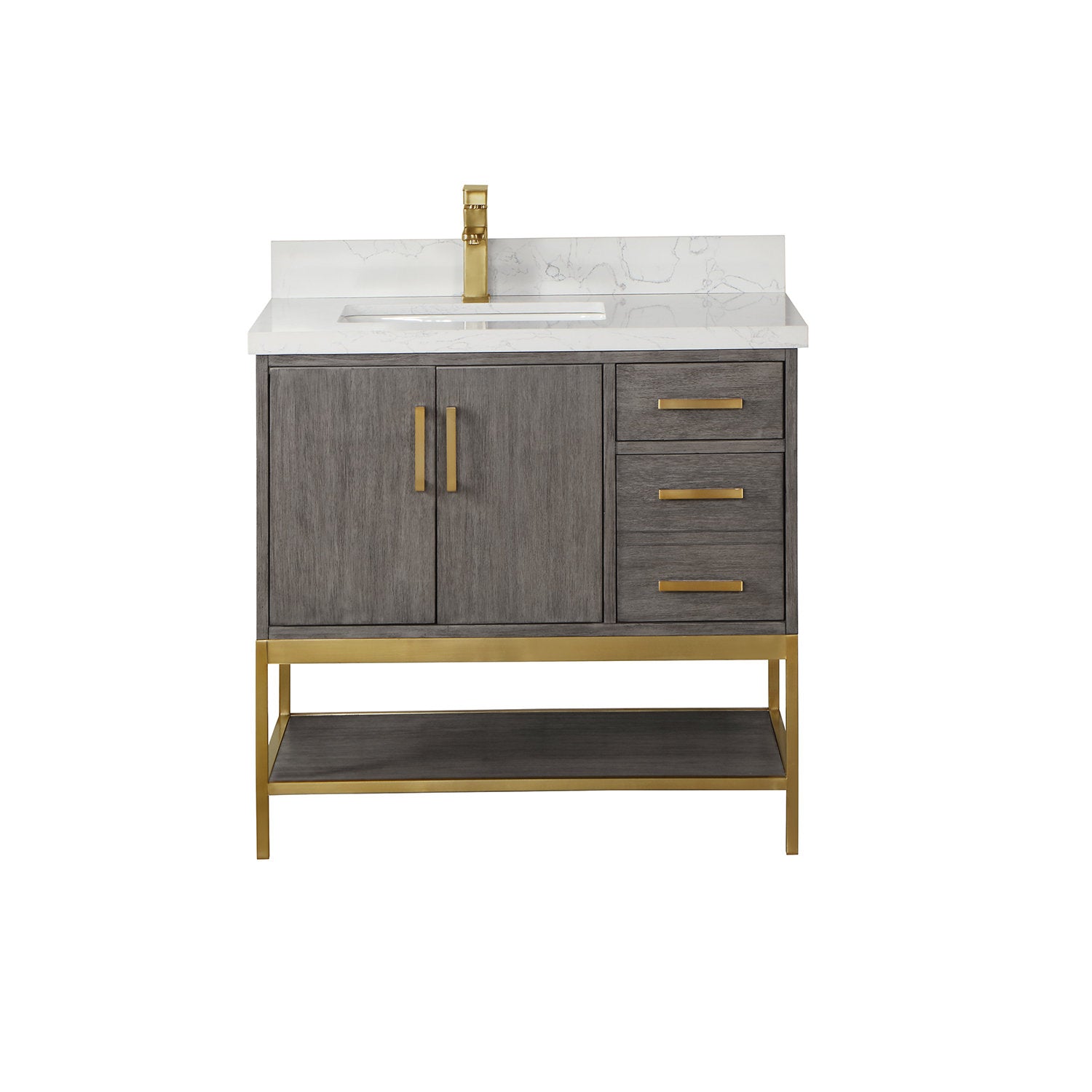 36-inch modern freestanding solid wood bathroom vanity in stone-gray finish with white stone countertop and integrated sink, brass faucet and handles, three drawers, double-door cabinet and gold metal open shelf base.