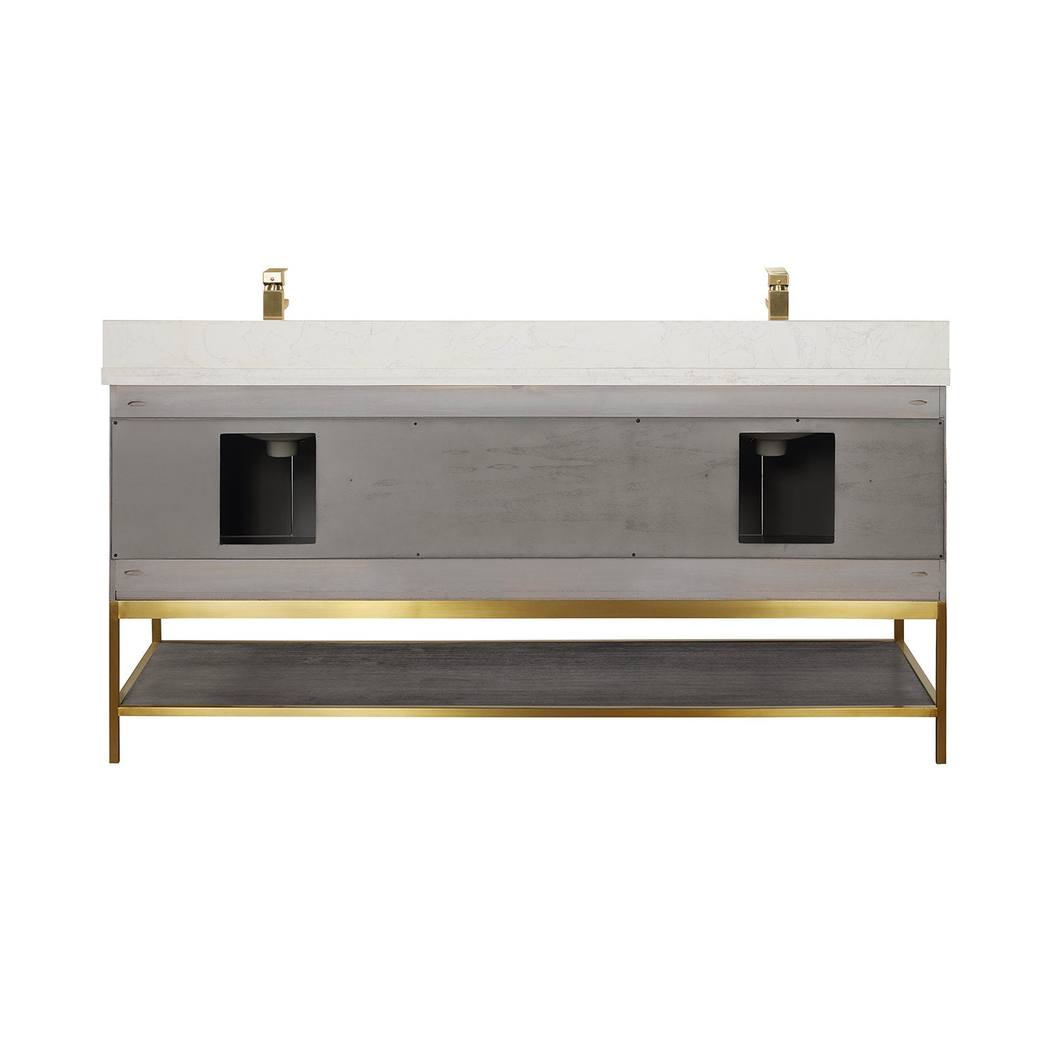 Front view of a 72-inch modern freestanding double-sink vanity with white stone top, two gold square faucets, gray solid-wood cabinet with recessed plumbing access openings and an open lower shelf on a gold metal base.