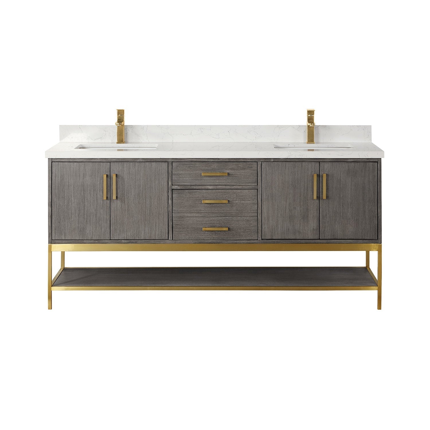 72-inch modern solid wood double-sink vanity in a stone finish with white stone countertop, integrated undermount sinks, gold faucets and hardware, three center drawers, two cabinets and a gold metal open shelf base.