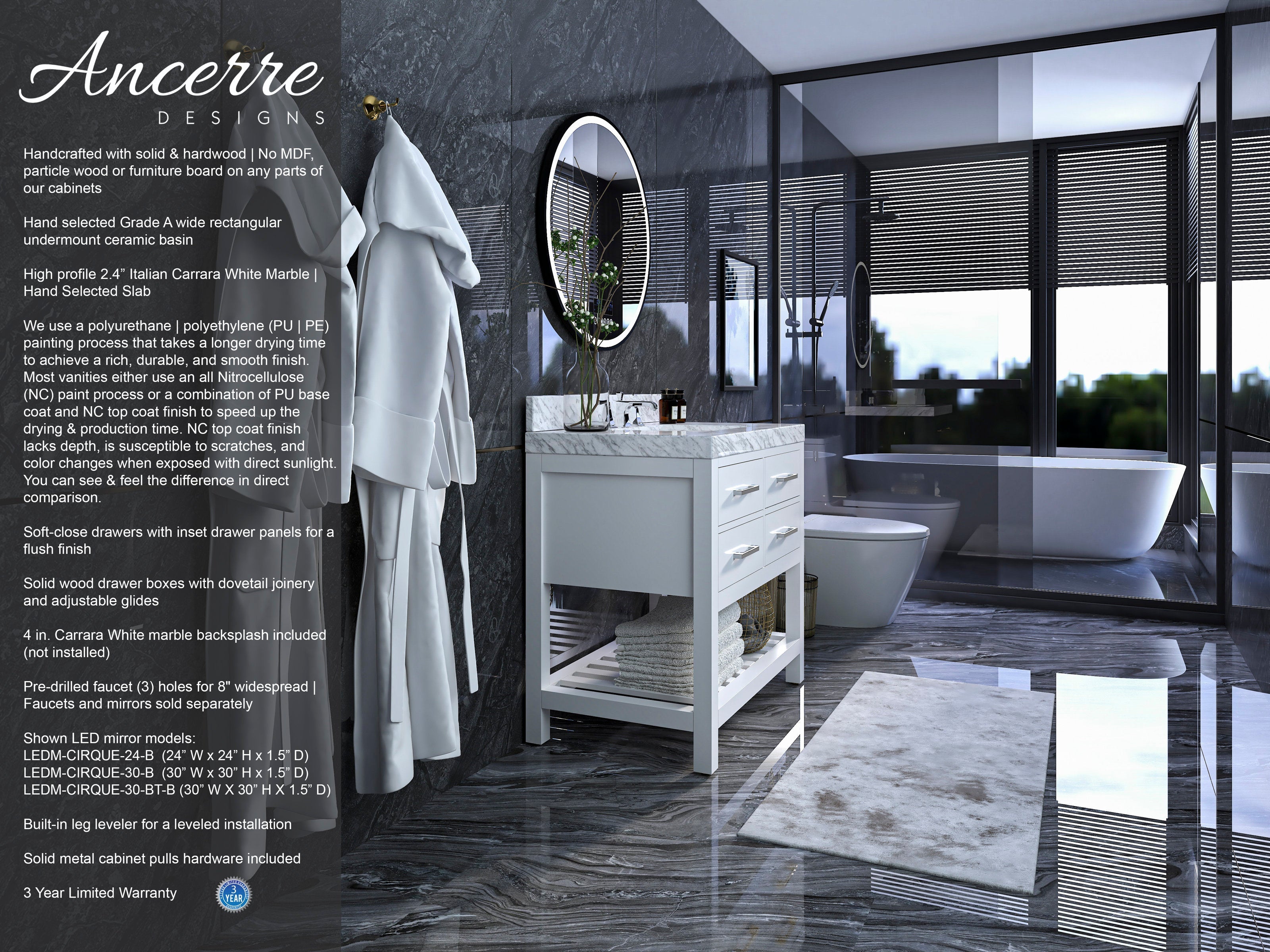 Freestanding modern solid wood single-sink bathroom vanity in stone finish with Carrara white marble top, undermount ceramic sink, soft-close drawers and open towel shelf, staged in a dark marble bathroom with tub and glass shower.