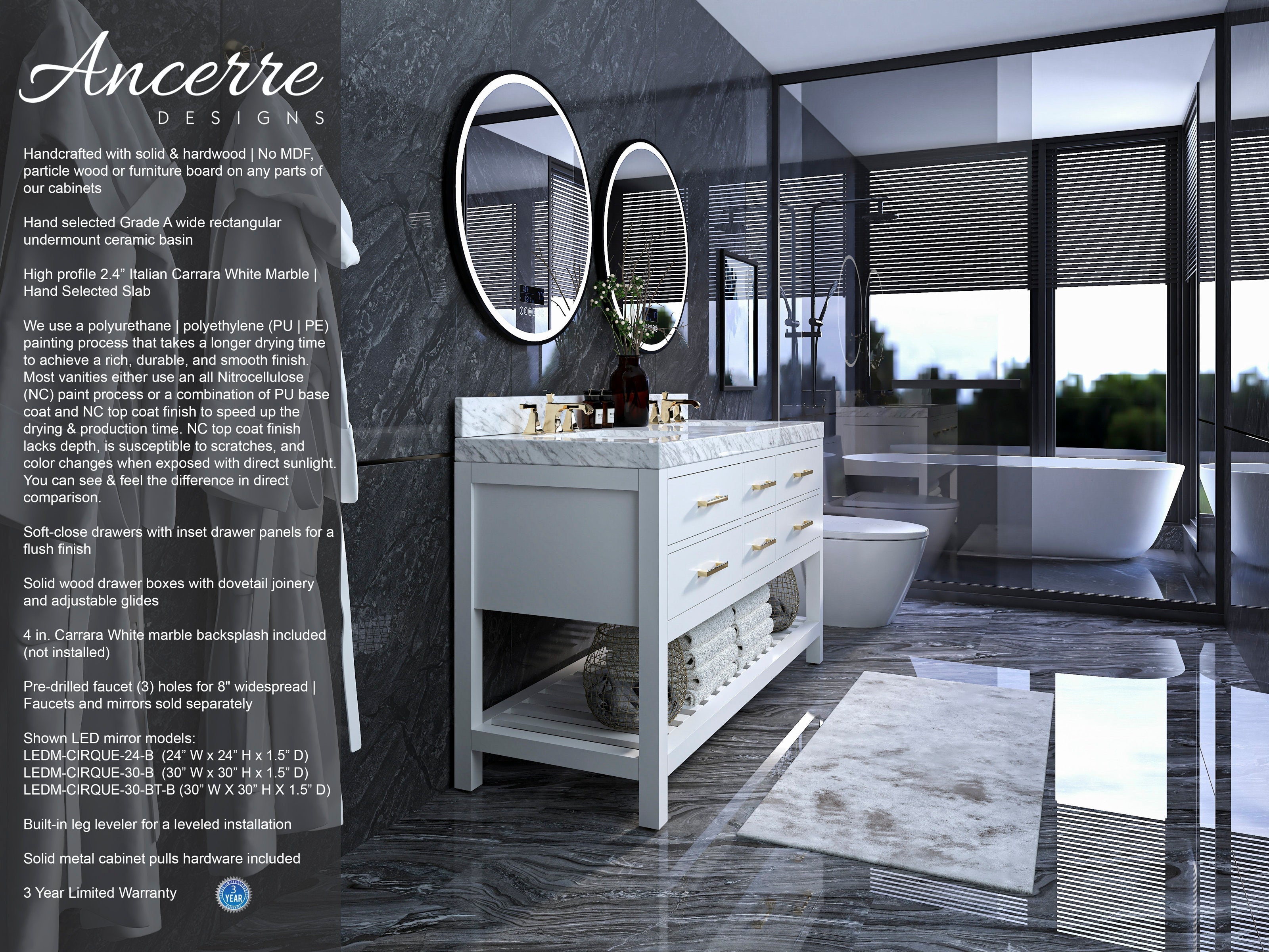 Freestanding 60-inch solid wood vanity in stone finish with Carrara-style marble top, double undermount ceramic sinks, brushed gold hardware, open lower shelf with folded towels, round LED mirrors and dark marble bathroom backdrop.