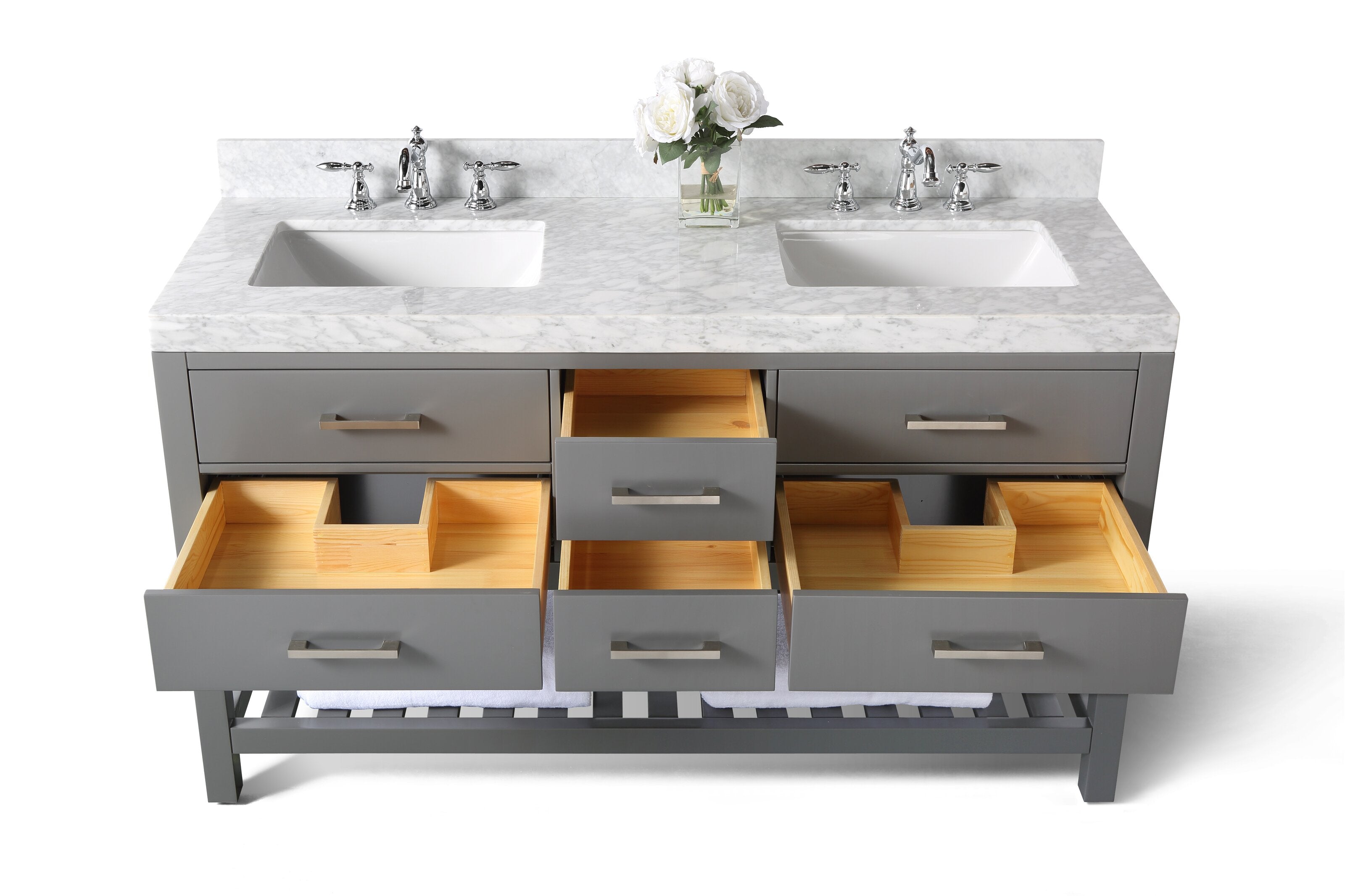 72-inch modern double-sink bathroom vanity with stone marble top, two rectangular undermount sinks and chrome faucets; gray solid wood base with several open drawers revealing natural wood organizers and a slatted lower shelf with towel.