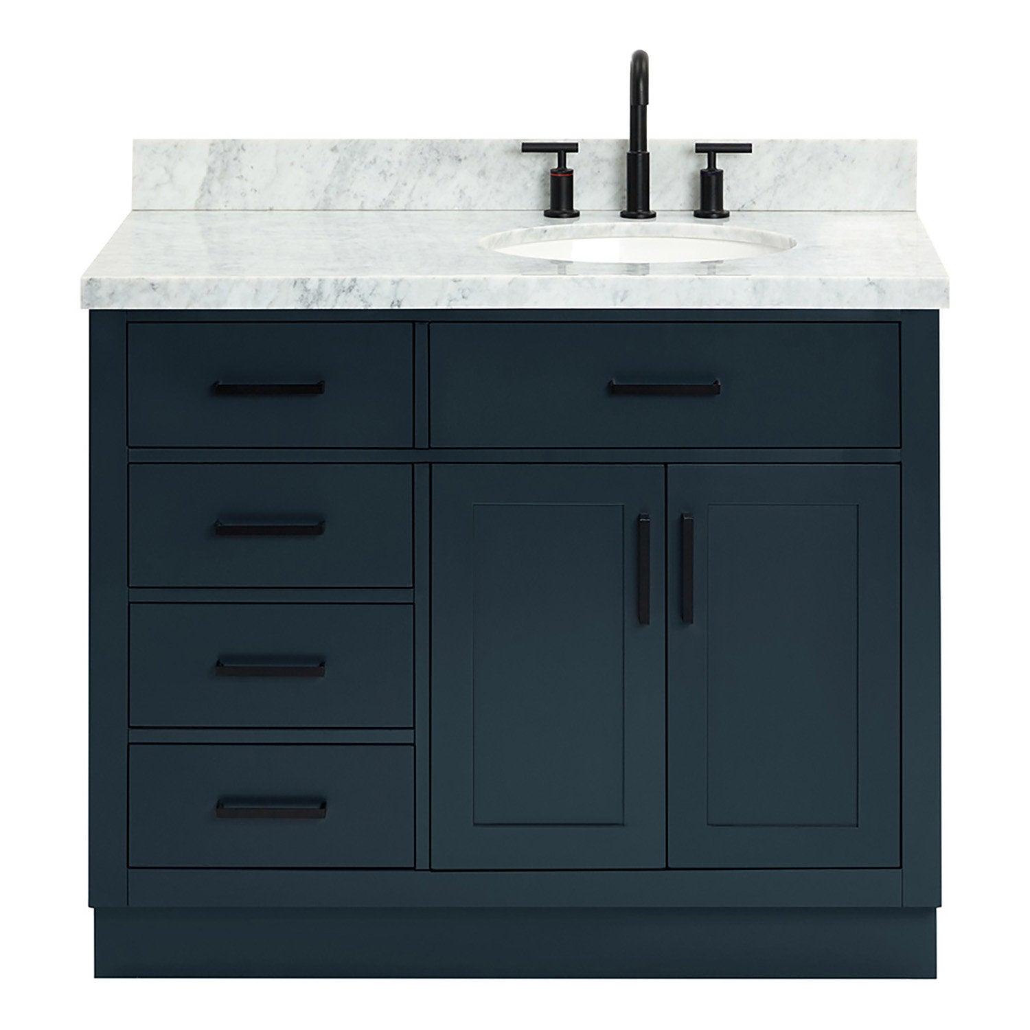 43-inch freestanding modern solid wood bathroom vanity with a stone countertop, undermount white ceramic sink, matte black faucet and black hardware, dark painted wood base with two doors and four drawers for storage.