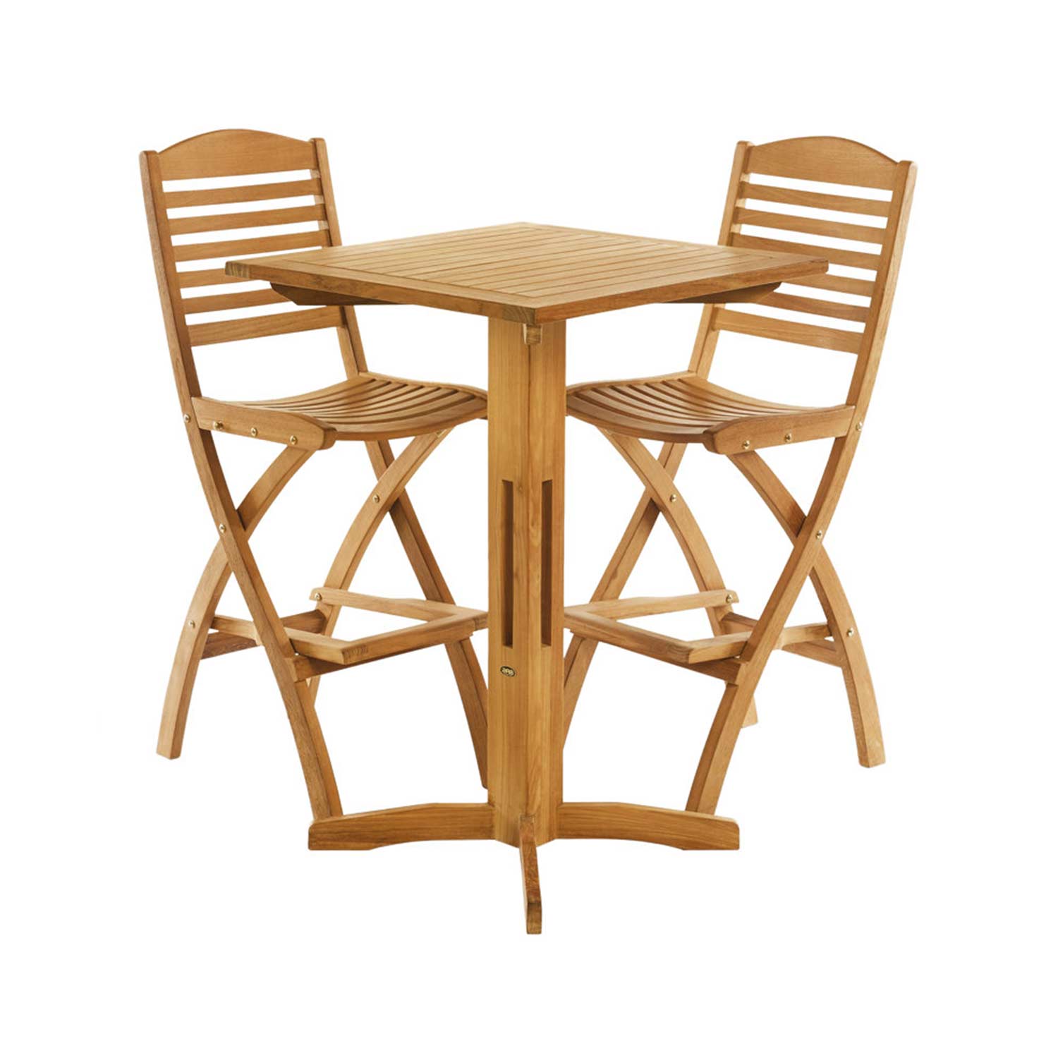 Square slatted teak bar table paired with two folding armless teak bar stools in natural finish, featuring slatted backs, curved slatted seats and X-shaped folding supports for a coastal outdoor seating set.