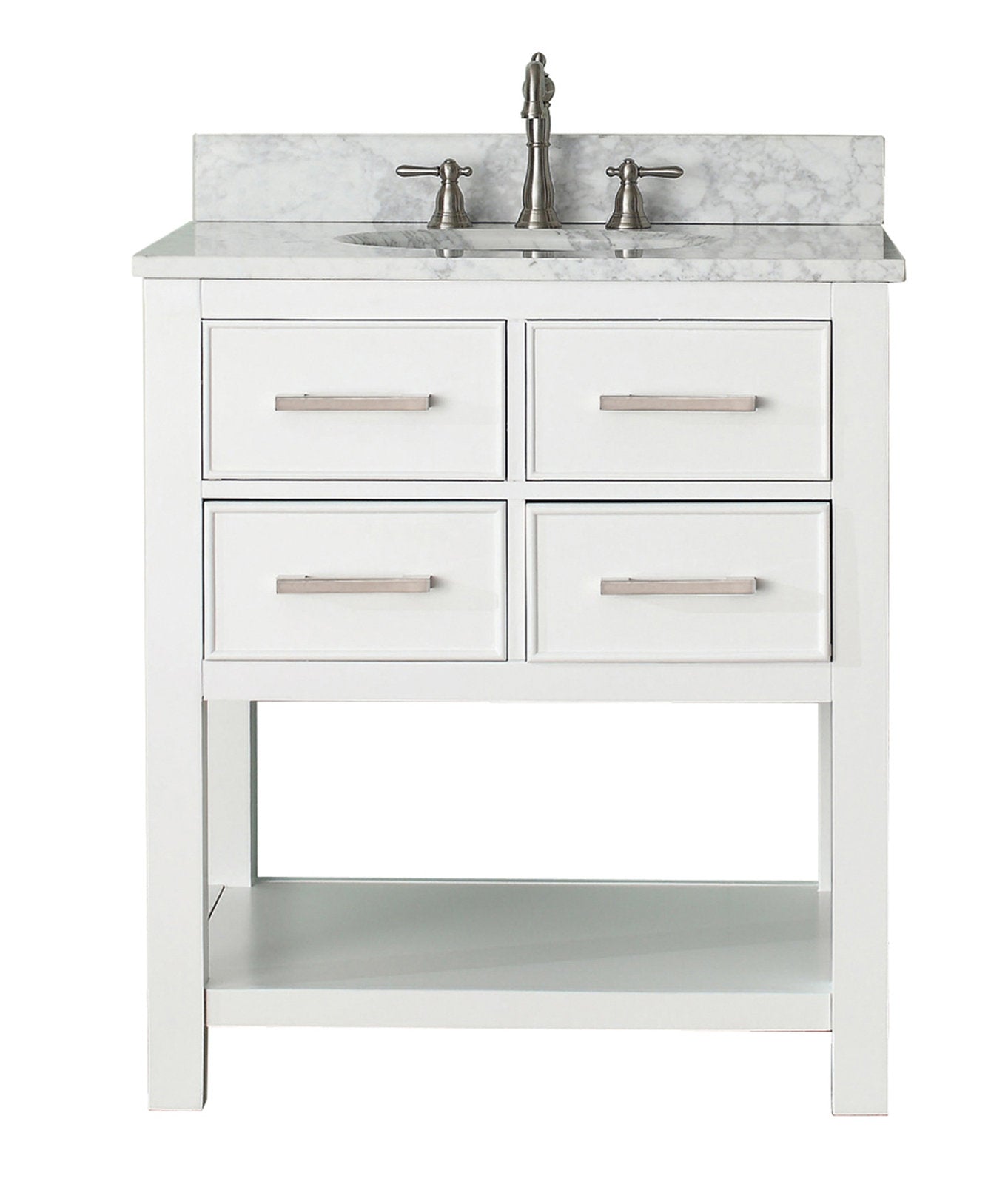 Modern freestanding bathroom vanity in white solid wood with a stone marble top and backsplash, integrated single ceramic sink, four drawer fronts with brushed-nickel pulls and an open lower shelf.