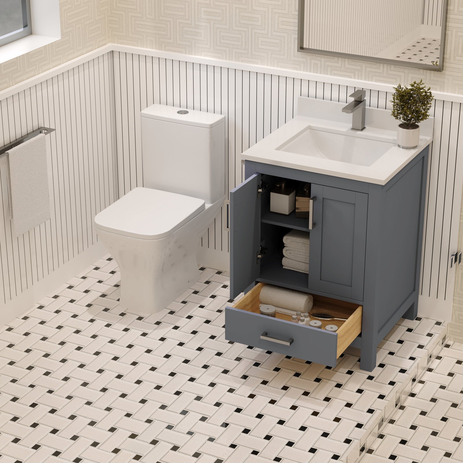 Modern 24-inch solid wood bathroom vanity in stone finish with a white stone countertop and integrated ceramic sink; open cabinet and bottom drawer show towels and accessories, paired with a square brushed-nickel faucet.