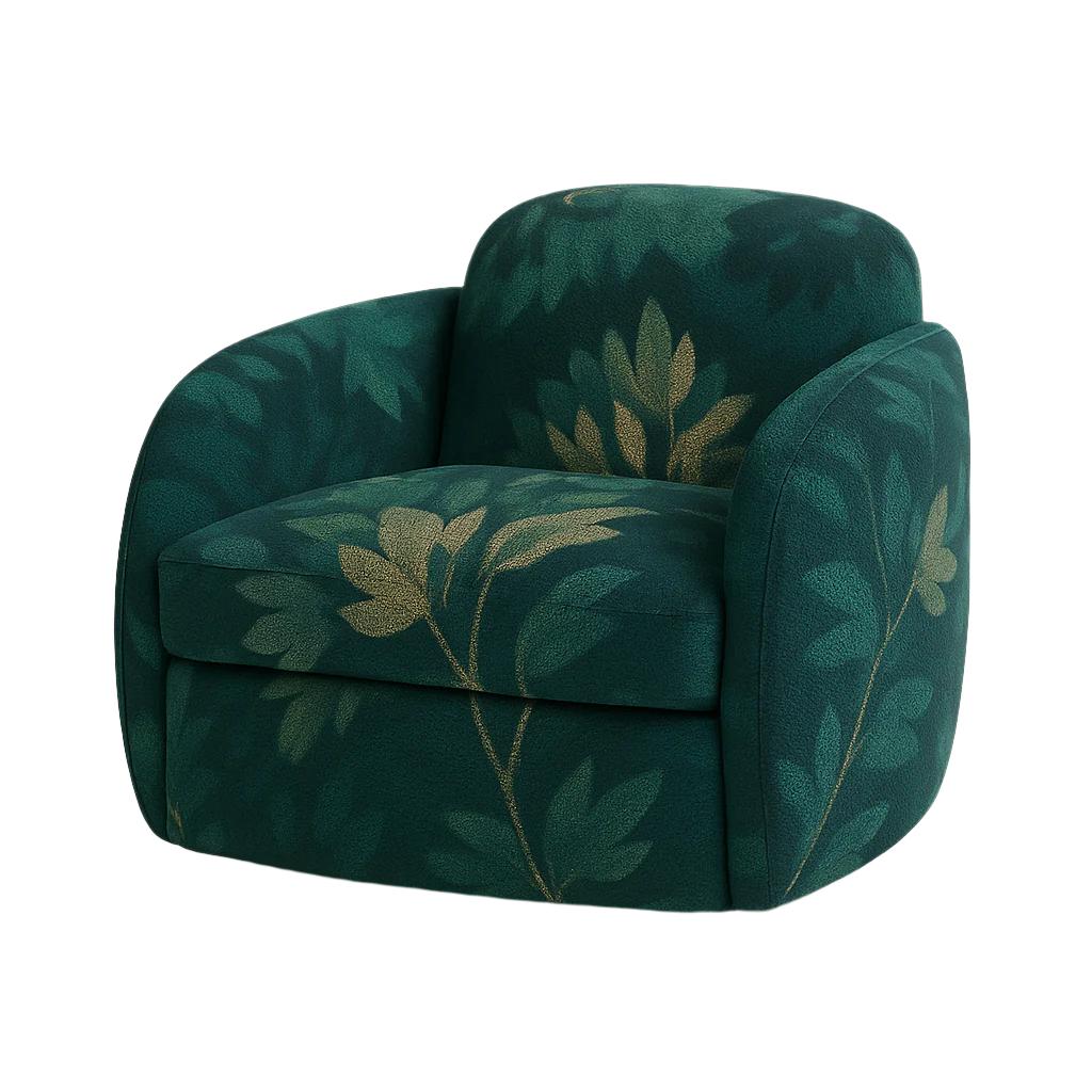 Emerald green fabric accent chair with a modern rounded silhouette, cushioned seat and curved arms, upholstered in a gold-olive botanical leaf print.