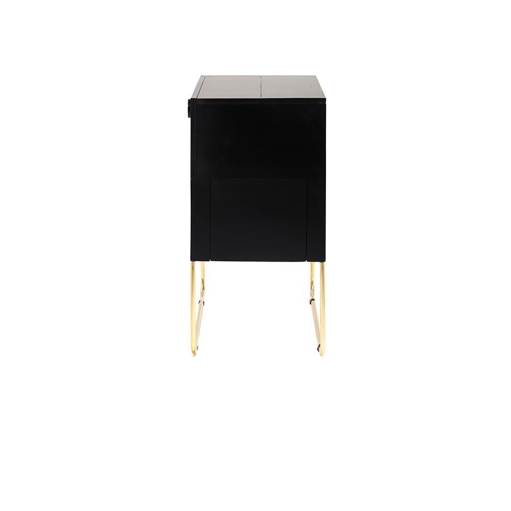 Side view of a dark mahogany drinks cabinet with a smooth rectangular wood body and slim polished brass sled legs, shown isolated on a white background.