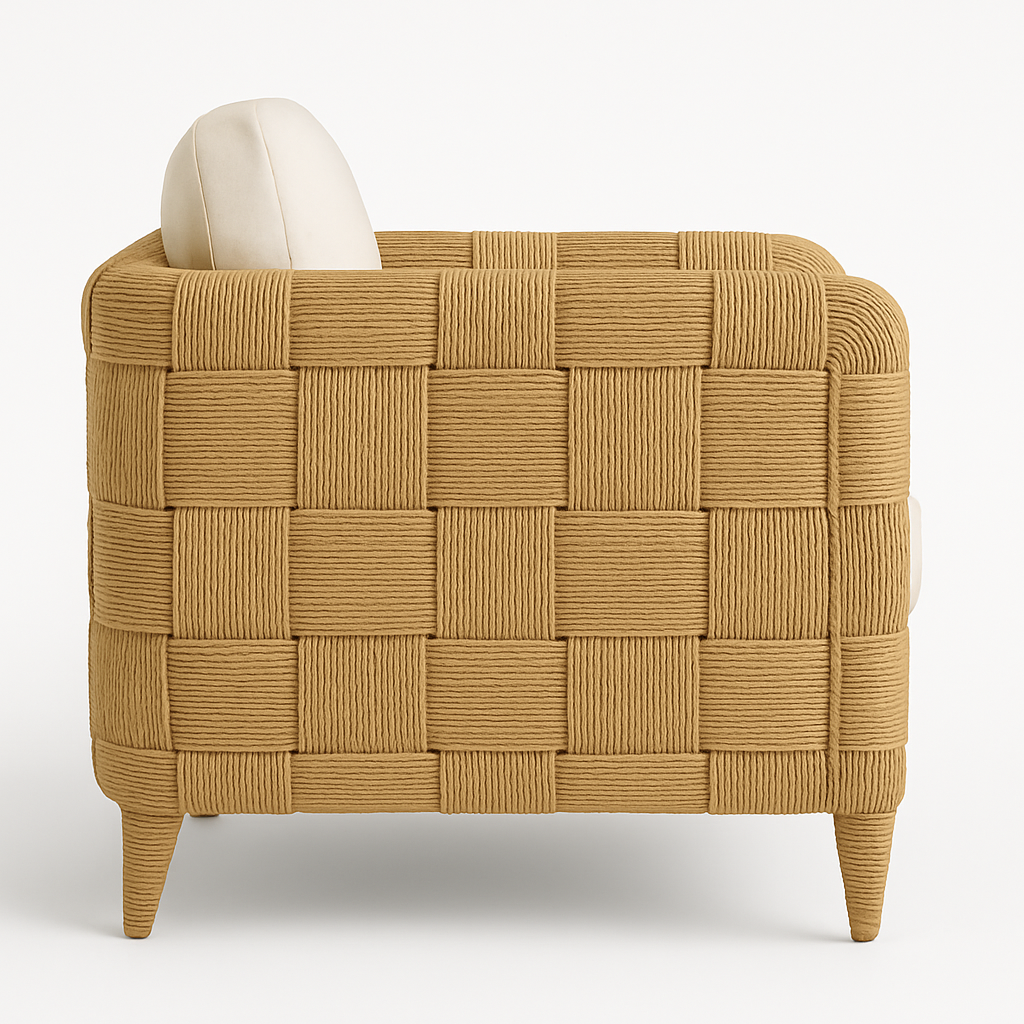 Side view of a natural beige outdoor lounger wrapped in wide woven synthetic rope in a checkerboard pattern, showing tapered wrapped legs and a cream fabric back cushion.