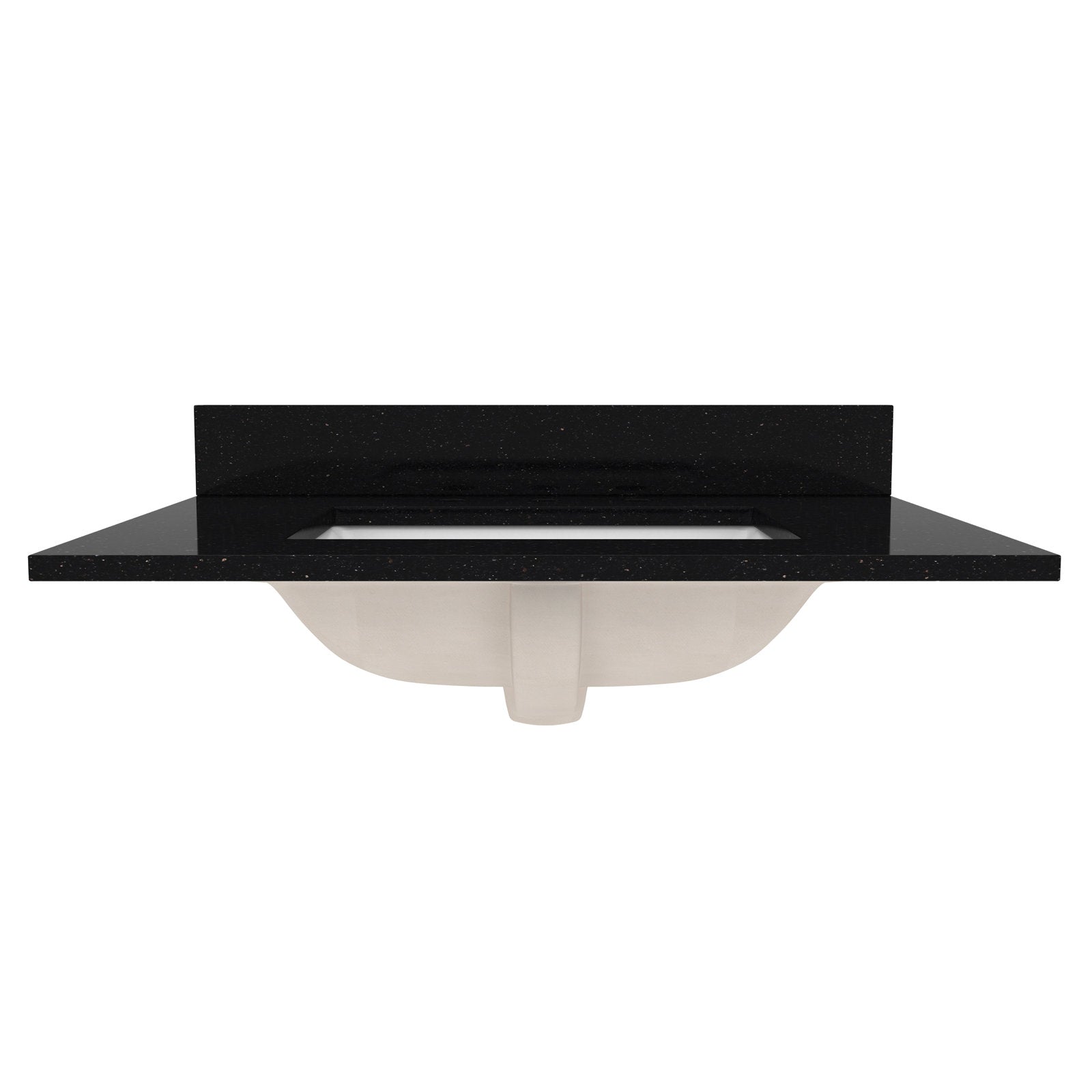 Front view of a black quartz vanity top with speckled finish and matching low backsplash, showing a centered white ceramic undermount sink visible from underneath for a modern single-sink bathroom vanity.