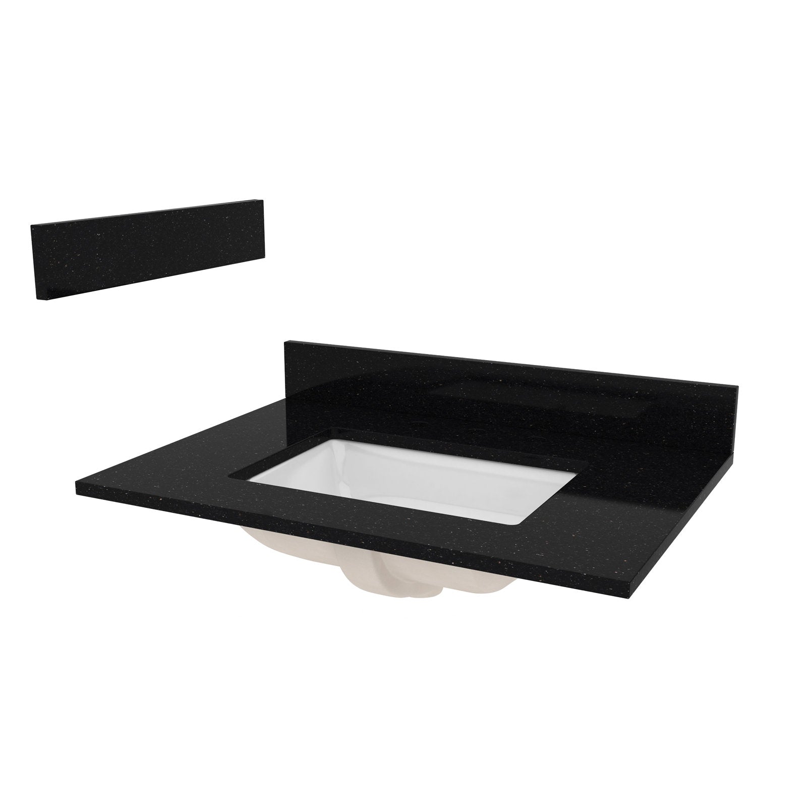 31-inch black quartz bathroom vanity top with matching backsplash and a white rectangular undermount ceramic sink, polished speckled finish shown from an angled top view.