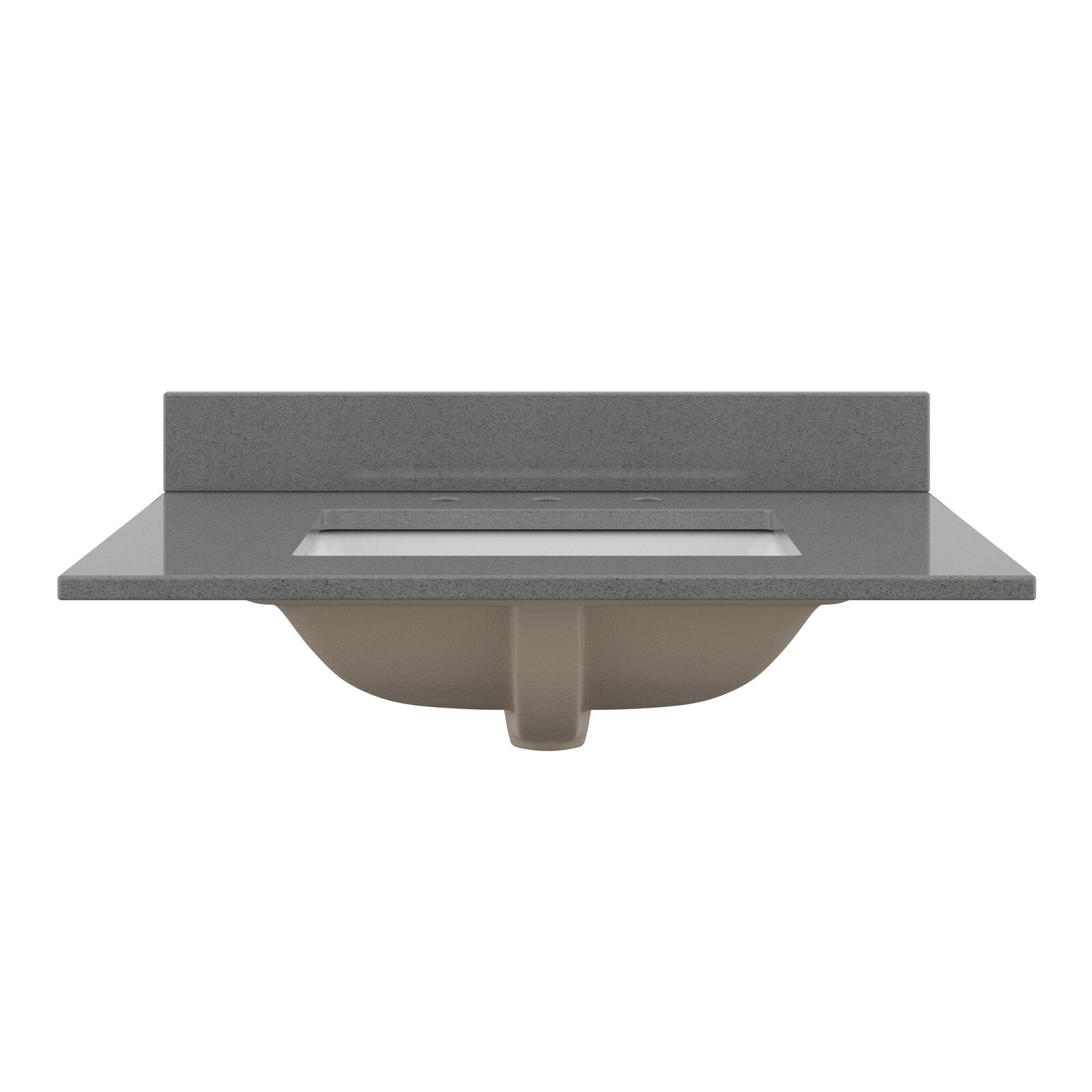 Front view of a stone-colored modern bathroom vanity top with low matching backsplash, rectangular undermount white ceramic sink, three pre-drilled faucet holes and the exposed underside of the basin.