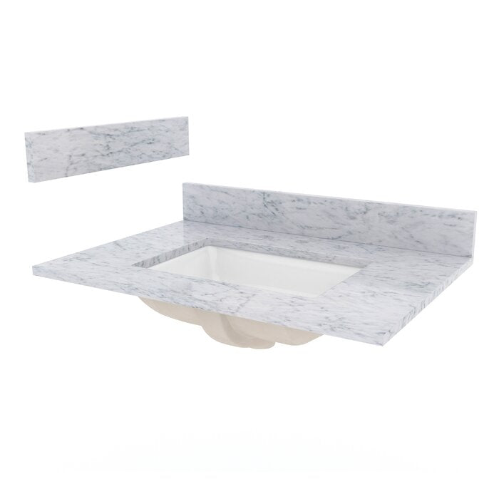 White quartz vanity top with subtle gray veining, rectangular undermount white ceramic sink and matching low backsplash shown floating against a white background.