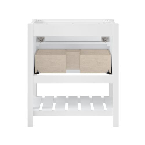 Front view of a white solid wood single-sink bathroom vanity frame with two light wood pull-out drawers, a slatted lower shelf and open cabinet space, shown without countertop or sink.