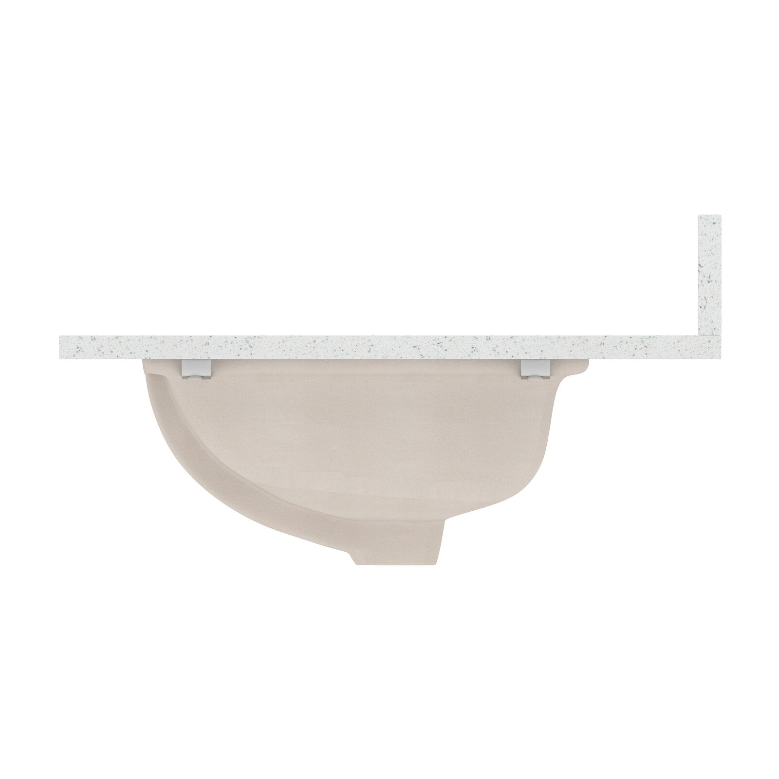 Underside view of a beige ceramic undermount sink secured to a white marble vanity top, showing metal mounting clips and an L-shaped marble backsplash on the right.