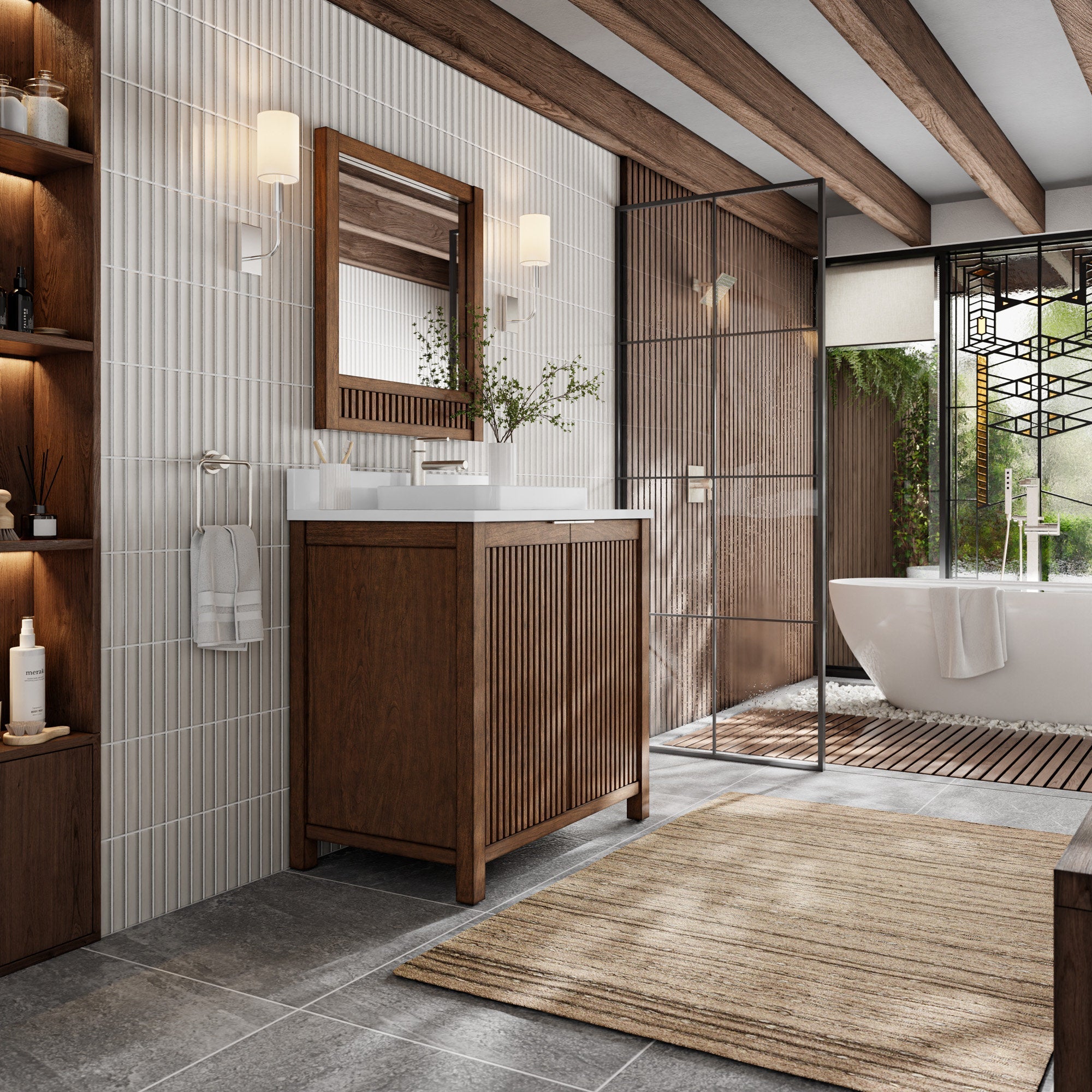 Modern solid wood 36-inch bathroom vanity with fluted cabinet doors and a stone top holding a white ceramic sink, shown with a wood-framed mirror, wall sconces, glass shower partition and a freestanding tub in a warm natural-wood bathroom.