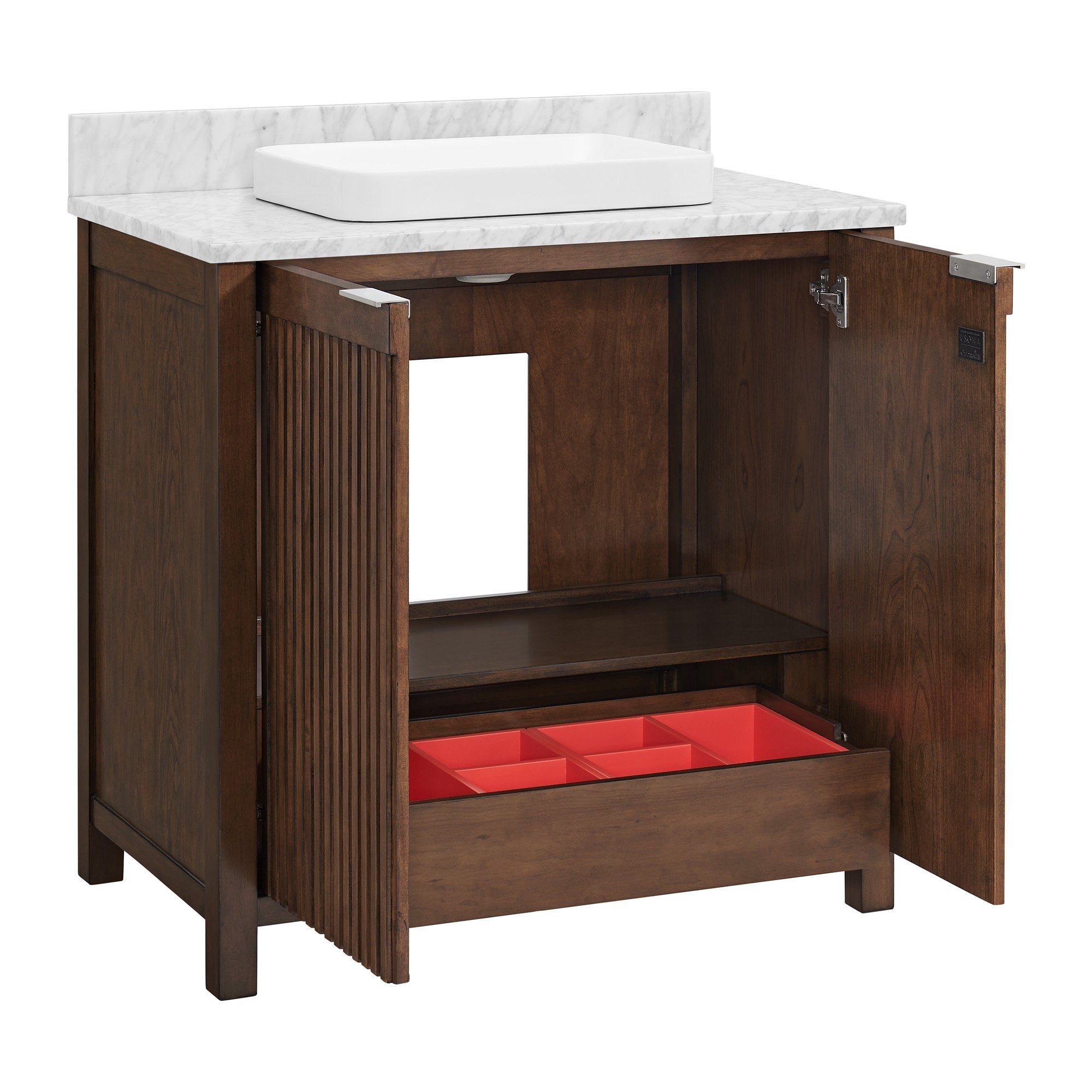 Solid wood 36-inch single-sink bathroom vanity in warm brown with a stone marble top and white rectangular vessel sink; fluted cabinet doors open to an interior shelf and a red divided storage drawer.