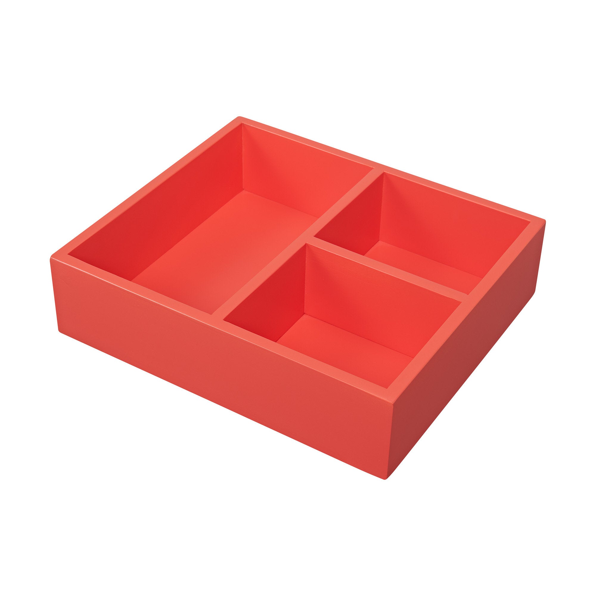 Modern solid wood three-compartment organizer tray in coral red finish shown on a white background.