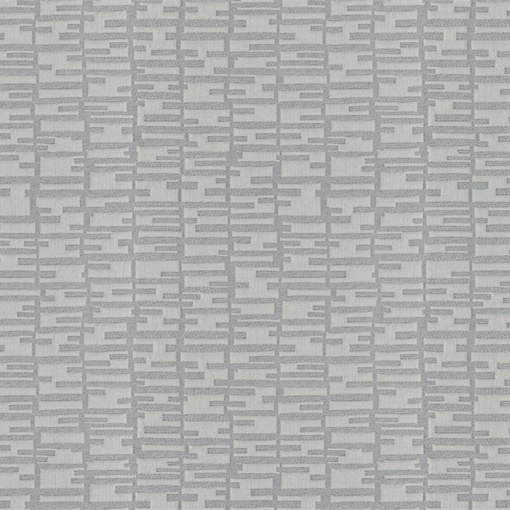 Close-up of light gray contemporary 100% polyester upholstery fabric showing a subtle textured geometric grid of short horizontal and vertical rectangular marks, ideal for sofas and curtains.