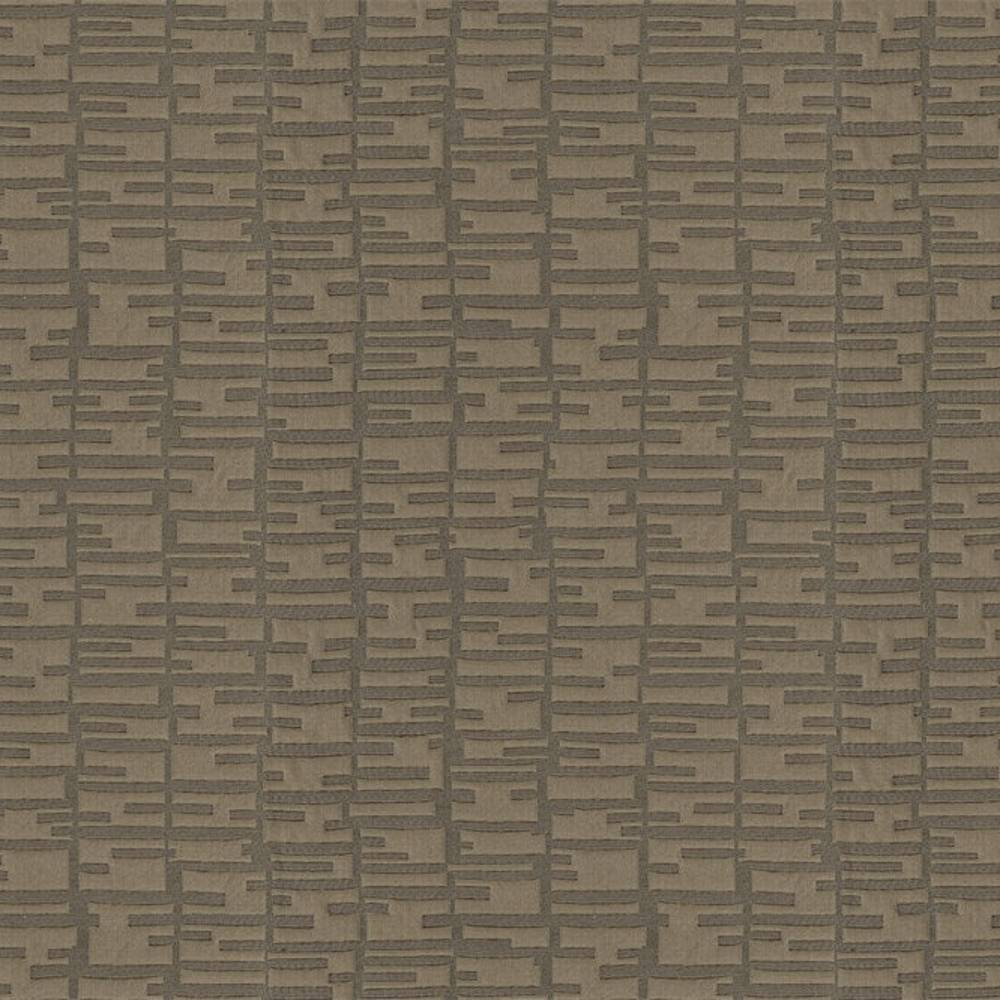 Taupe-gray 100% polyester upholstery fabric with a contemporary raised rectangular grid pattern and subtle texture, shown as a flat swatch suitable for sofas or curtains.