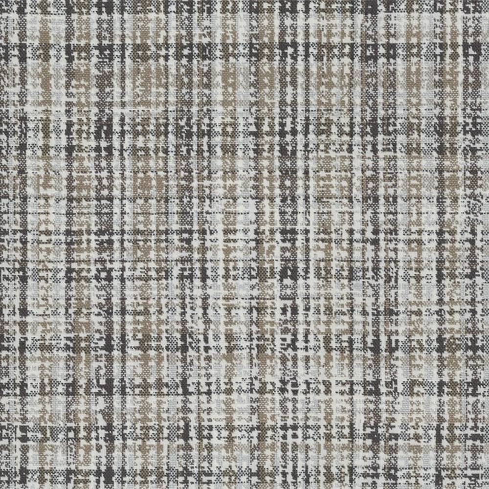 Close-up of a contemporary upholstery fabric sample with a textured, abstract plaid-like weave in beige and gray on a light neutral ground; 100% polyester fabric suitable for modern sofas.