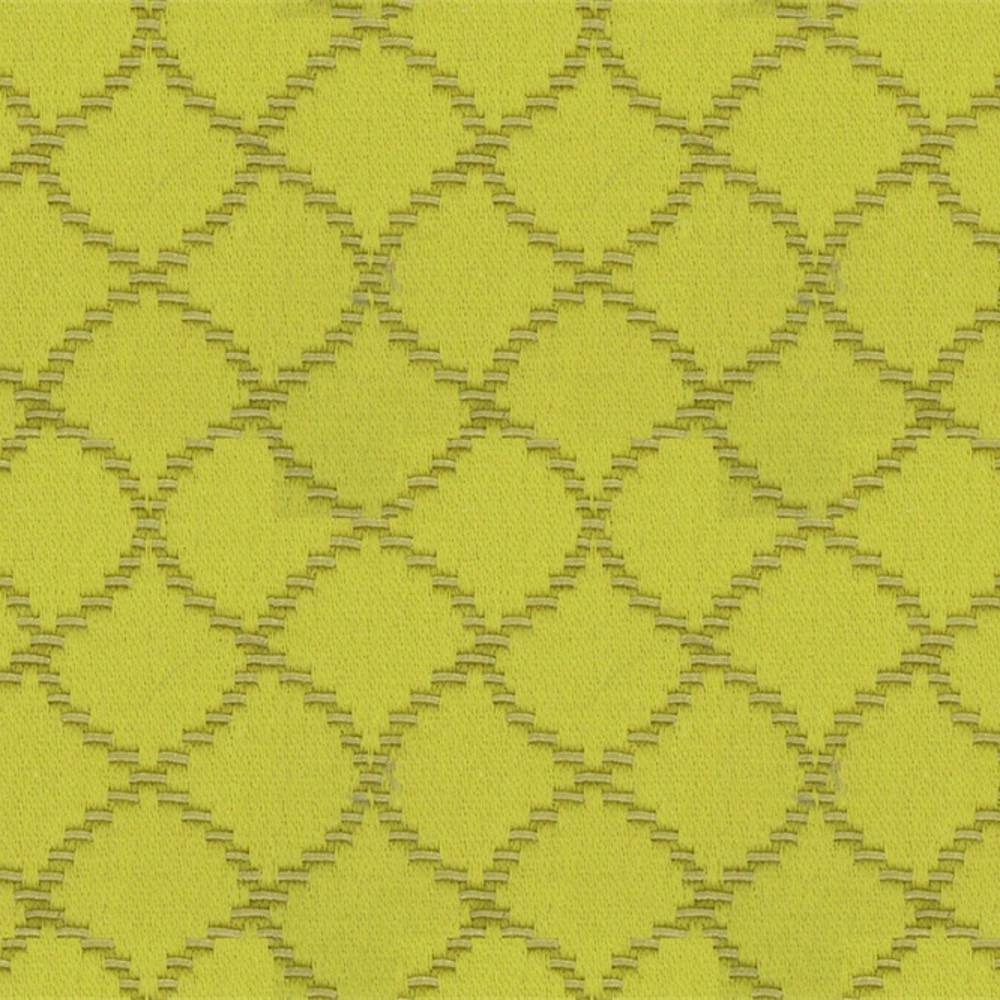 Close-up of natural yellow-green trellis-pattern upholstery fabric showing textured woven diamond motifs and raised jacquard details, 55% cotton and 45% polyester, suitable for sofas.