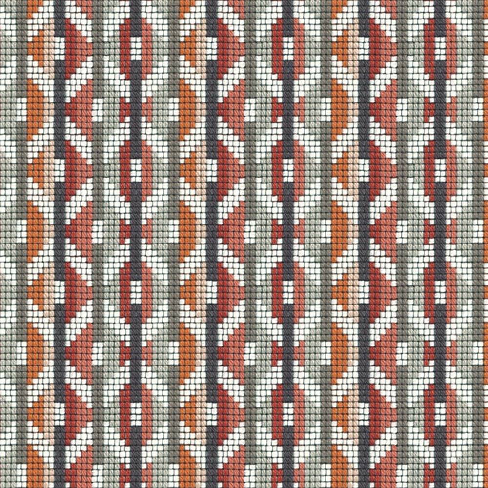 Close-up of woven sofa upholstery (95% acrylic, 5% polyester) showing a contemporary geometric vertical stripe pattern with rust orange and deep red chevrons, charcoal lines and beige-gray small-square weave.
