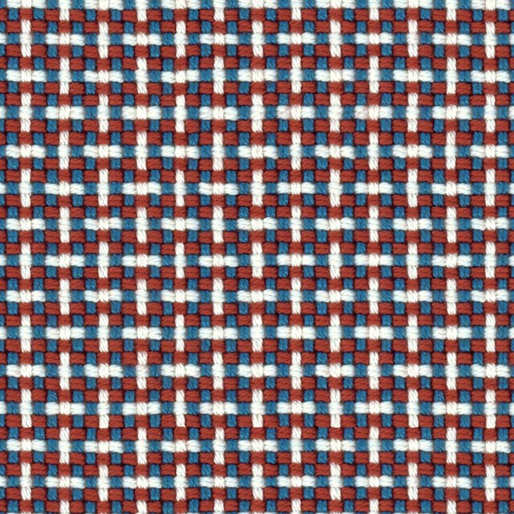 Close-up of 100% acrylic upholstery fabric showing a small check weave of red, blue and white threads for a contemporary sofa.