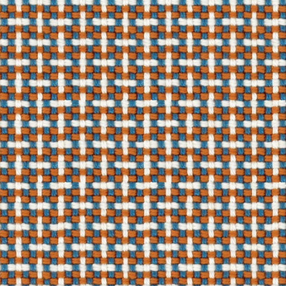 Close-up of 100% acrylic woven upholstery fabric in a small check pattern with orange, blue and white threads, showing textured contemporary material suitable for sofa upholstery.