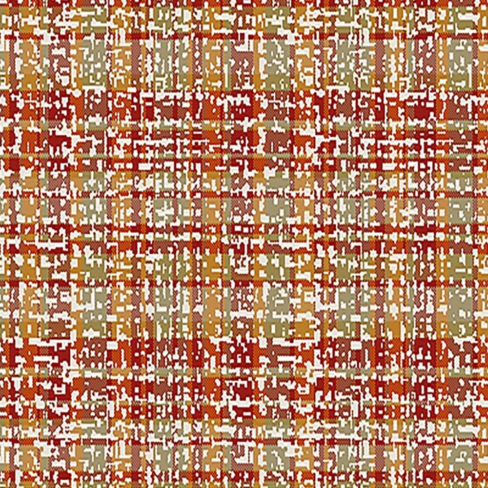 Close-up of a woven upholstery fabric swatch with an abstract plaid/check pattern in rust-red, beige, olive green and white; 75% polyester, 25% viscose, suitable for contemporary sofa upholstery.