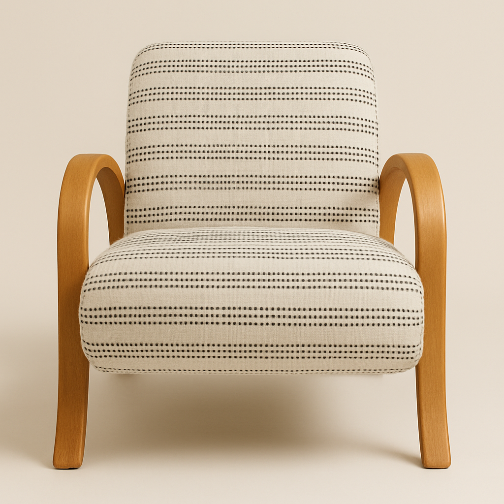 Front view of a Scandinavian accent chair upholstered in cream fabric with thin black dotted horizontal stripes, featuring curved natural oak arms and legs and a cushioned seat and low back.