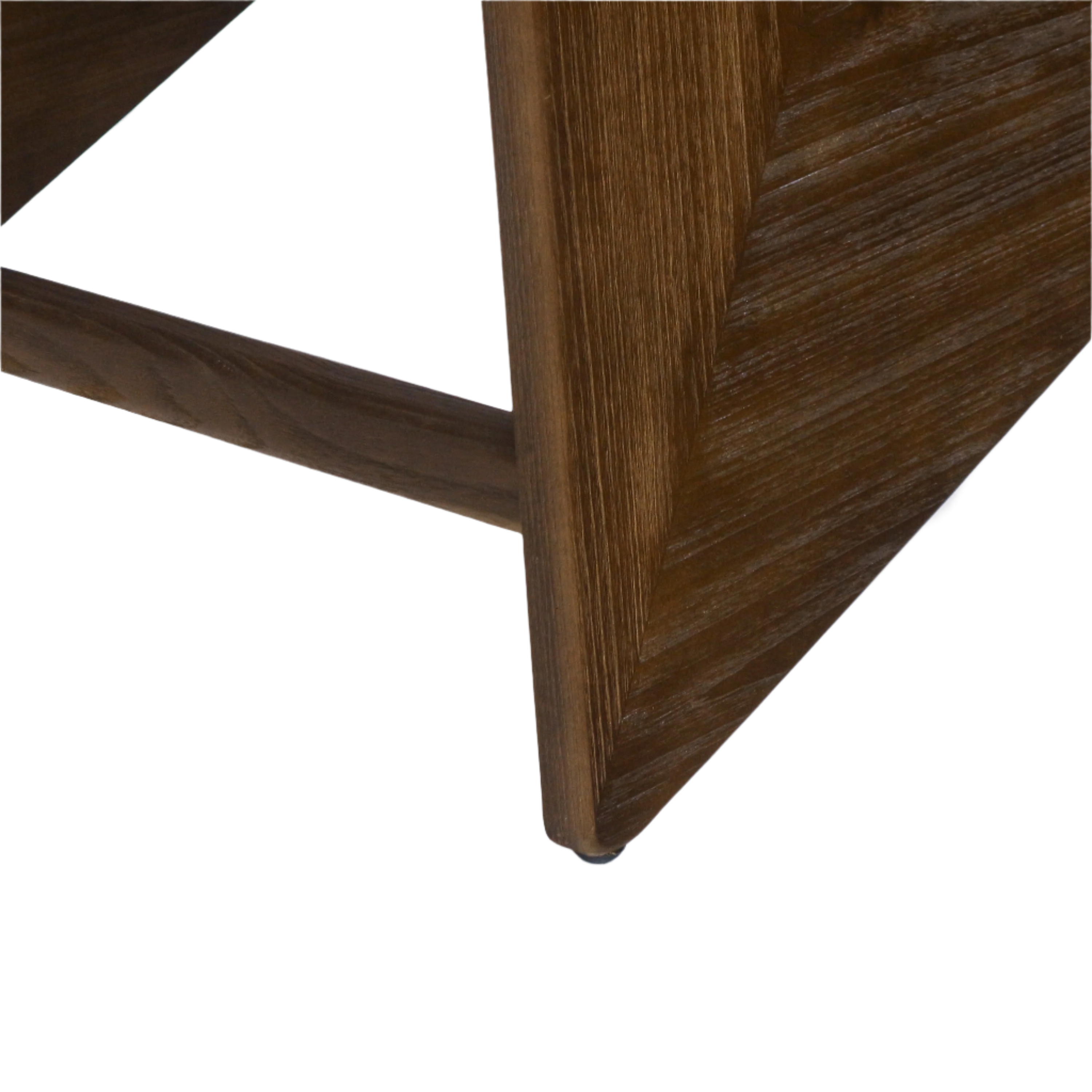Close-up of a warm teak-finished solid wood chair leg and horizontal stretcher showing rich wood grain, angled triangular leg profile and a small black floor glide.