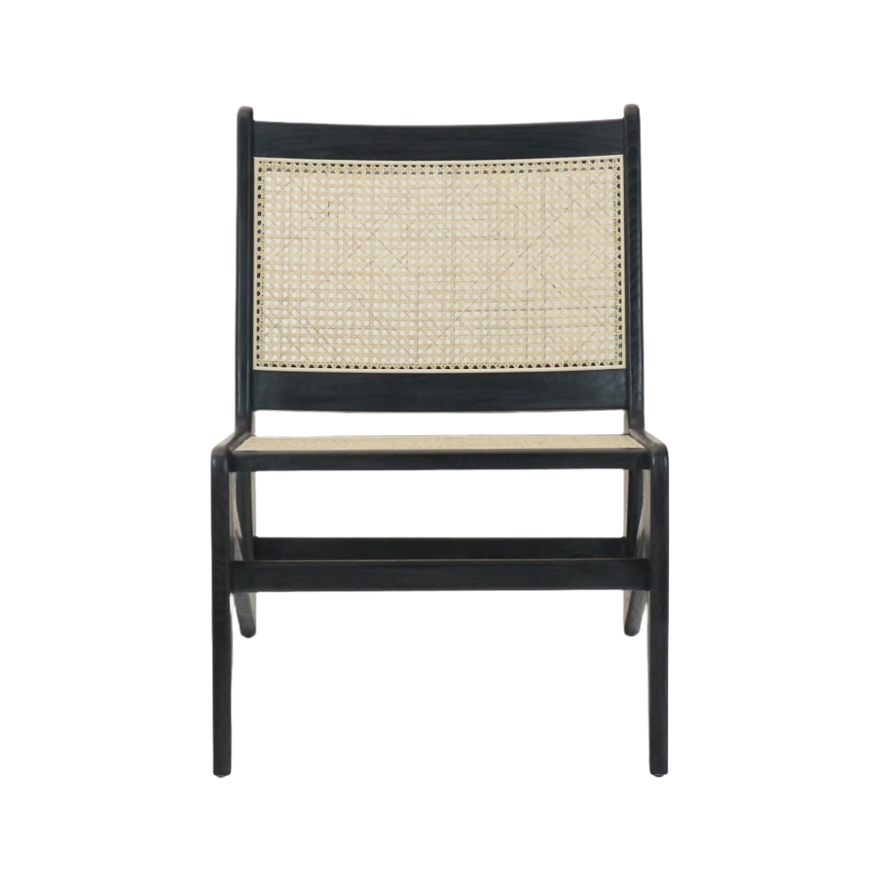 Front view of a low, armless kangaroo-style lounge chair with a black teak solid wood frame and natural woven cane seat and back, highlighting minimalist mid-century modern lines.