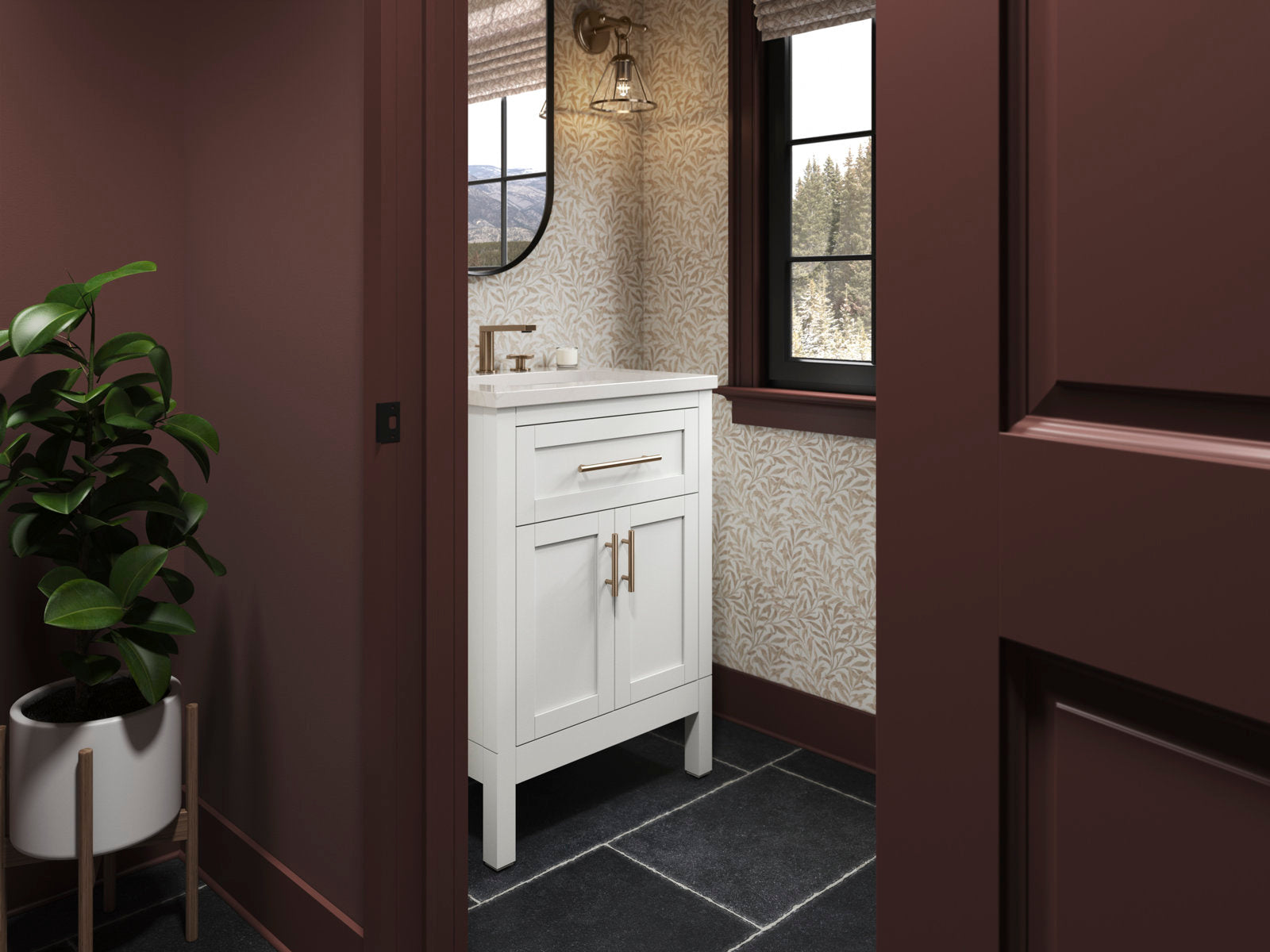25-inch white solid wood single-sink bathroom vanity with a stone countertop, ceramic sink and brushed brass hardware, freestanding in a modern bathroom setting.