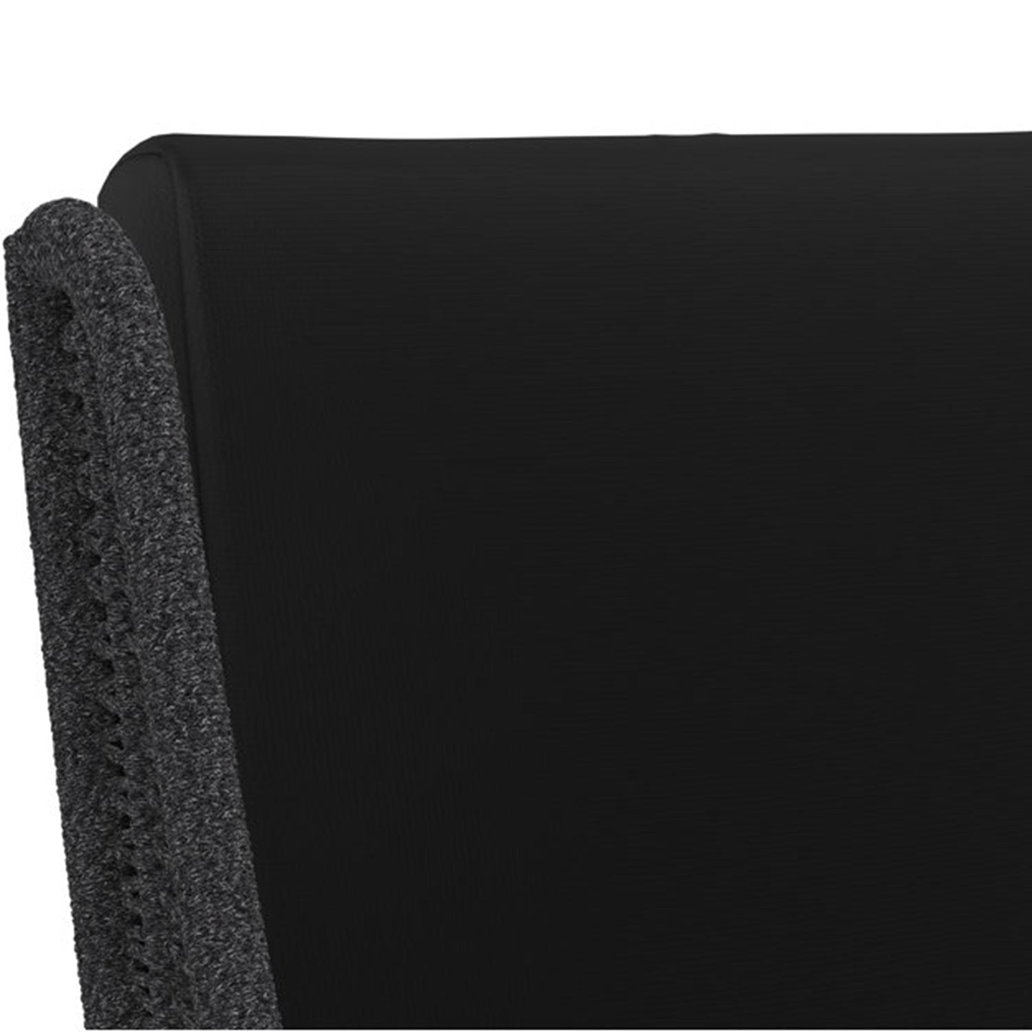Close-up of a charcoal fabric backrest with a textured dark-grey rope-wrapped edge, showing the upholstered back detail of an armless teak outdoor bar stool.