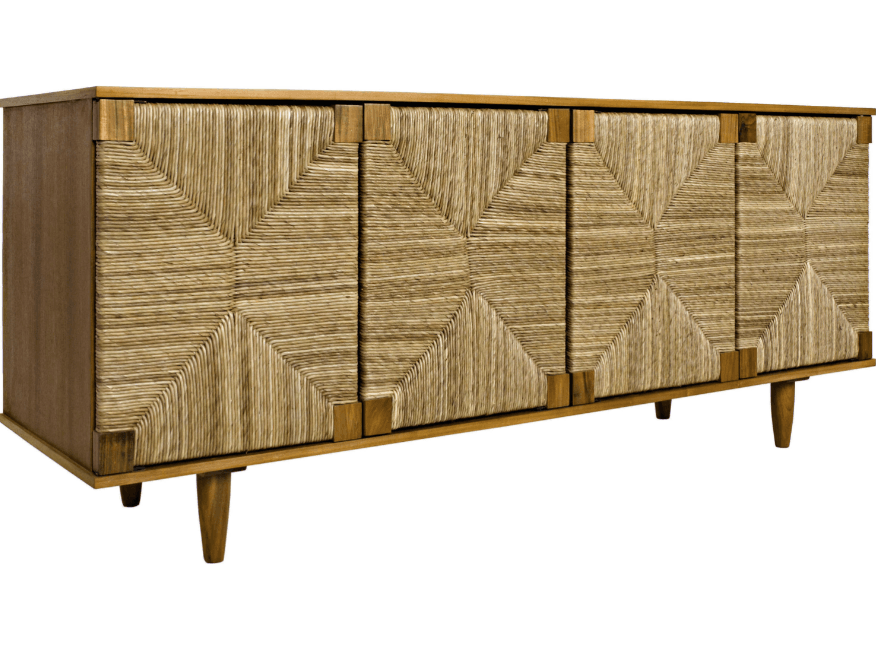 Natural solid wood sideboard with four woven seagrass cabinet doors forming geometric diamond patterns, small wood corner accents and tapered legs, shown on a white background in a coastal style.