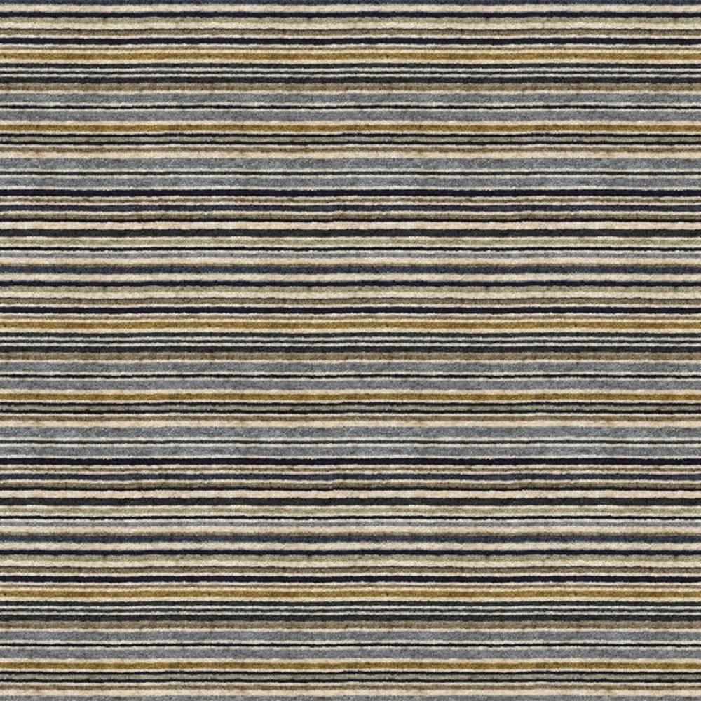 Close-up of contemporary stripe upholstery fabric with narrow horizontal stripes in gray, navy, beige and mustard yellow on a woven 90% viscose, 1.5% acrylic, 8.5% polyester blend.