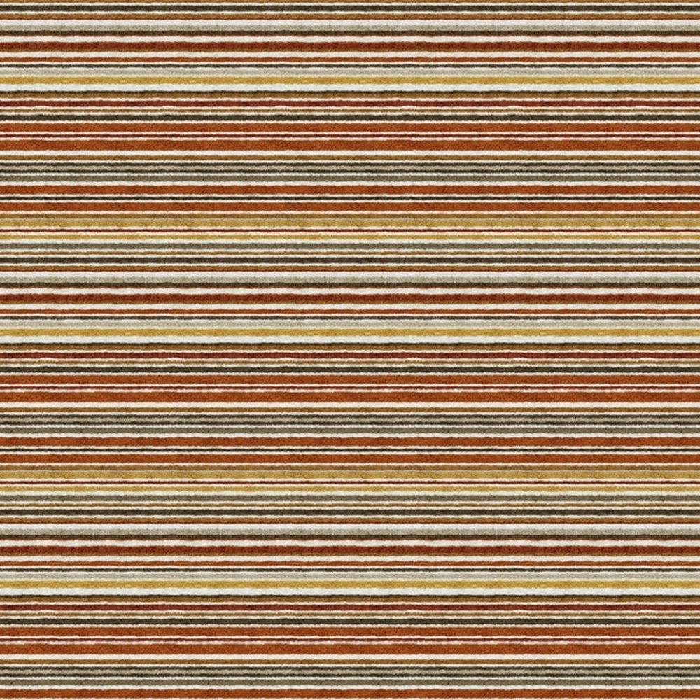 Close-up of striped upholstery fabric in rust, brown, beige and mustard yellow showing fine horizontal stripes and a soft 90% viscose-blend texture, ideal for contemporary sofa upholstery.