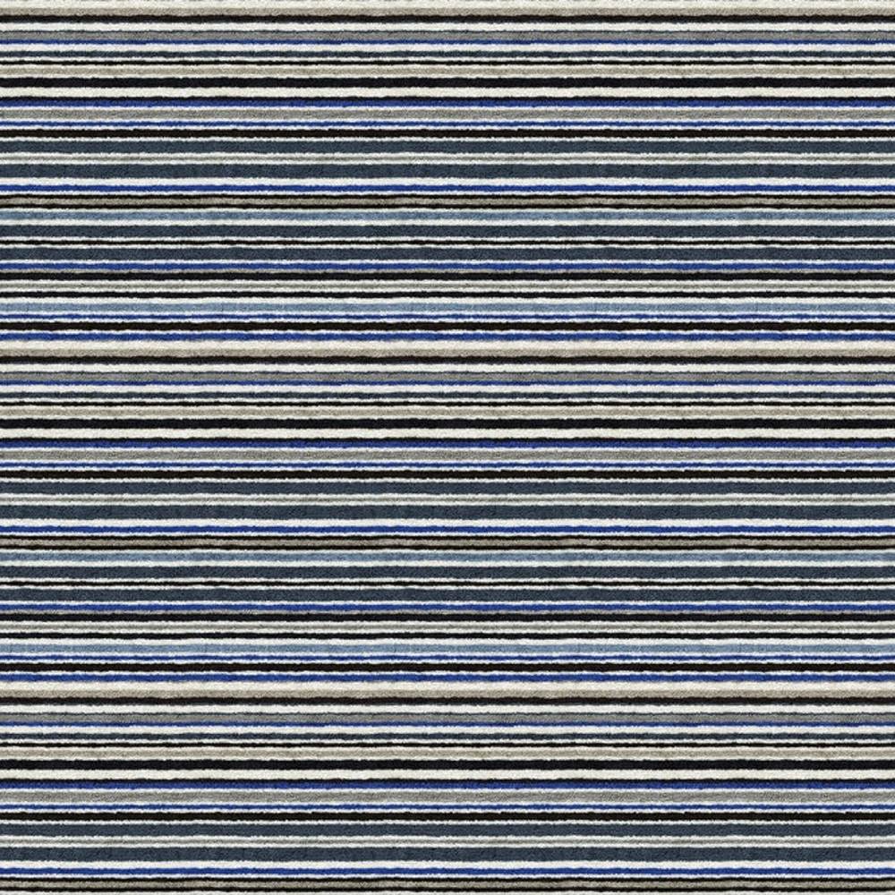 Close-up of a 90% viscose-blend upholstery fabric with narrow horizontal stripes in blue, charcoal, gray and white, showing a subtle textured weave ideal for contemporary sofas.