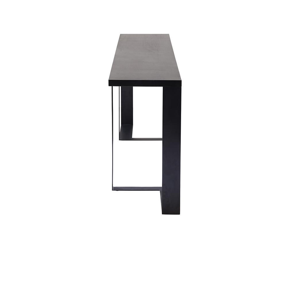 Side view of a modern mahogany-topped console table with a matte black steel frame and open rectangular leg supports, photographed against a white background.