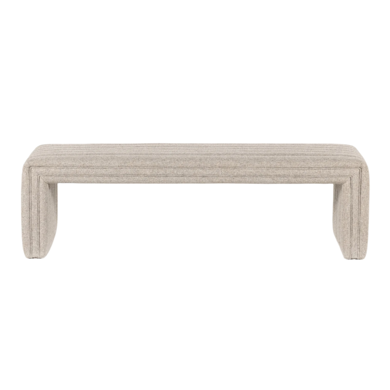 Natural beige boucle upholstered end-of-bed bench with stitched horizontal channeling and wrapped curved legs in a coastal-modern style.