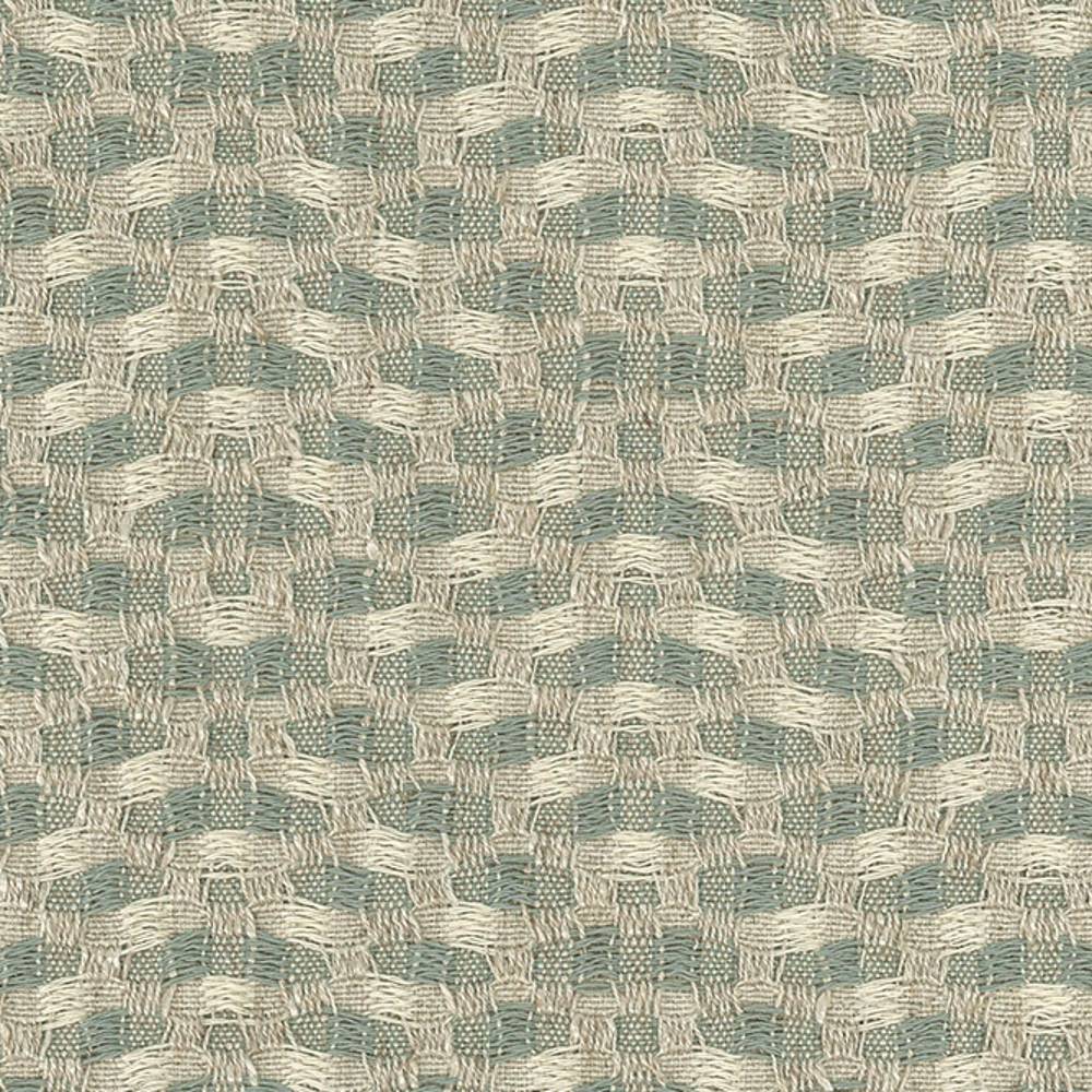 Close-up of textured woven linen-blend upholstery fabric in soft gray-beige and muted seafoam, showing a raised basketweave pattern with visible yarns for a durable, contract-grade look.