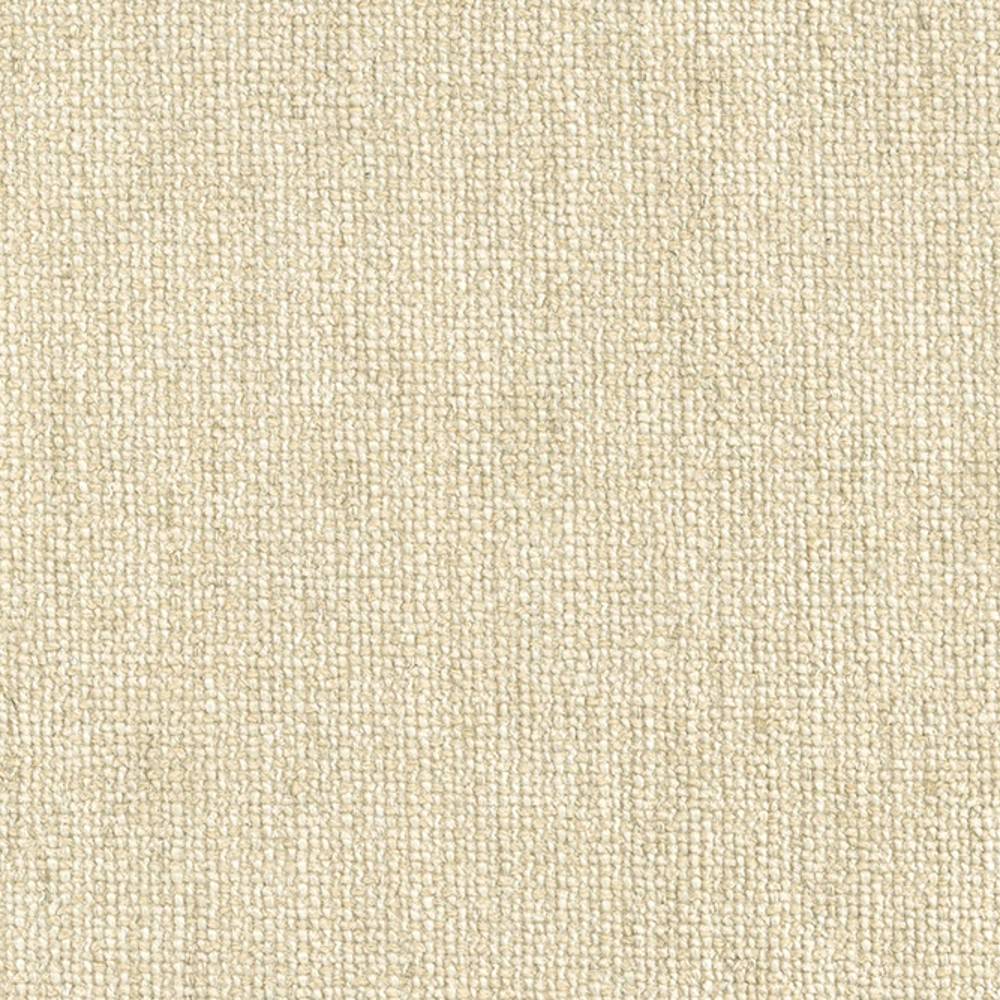 Close-up of a neutral beige/cream woven upholstery fabric swatch with a tight looped texture, shown for contemporary sofas; fabric blend includes cotton, rayon, acrylic, linen and triacetate.