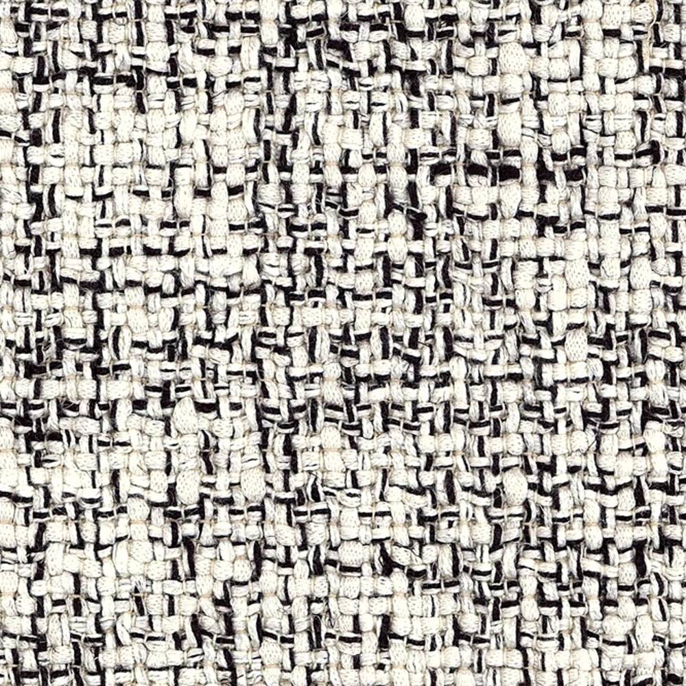 Close-up of a textured cream-beige woven upholstery fabric showing a chunky basket weave with black accent threads; 14.8% linen, 34.5% rayon, 28.6% cotton and 22.1% polyester blend, ideal for contemporary sofa upholstery.