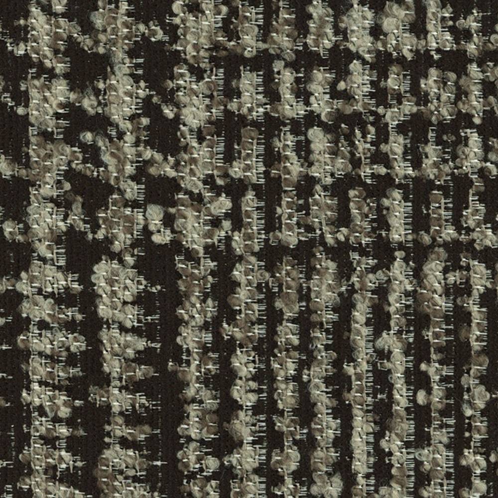 Close-up of a beige and gray textured upholstery fabric swatch showing looped yarns and irregular vertical stripes on a dark ground; 29% viscose, 11% acrylic, 60% polyester, ideal for contemporary sofas.