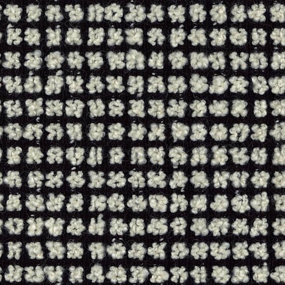 Close-up of cream boucle upholstery fabric showing looped textured nubs in a tight black grid; wool-blend composition (25% wool, 40% acrylic, 35% polyester) suited for sofa upholstery.